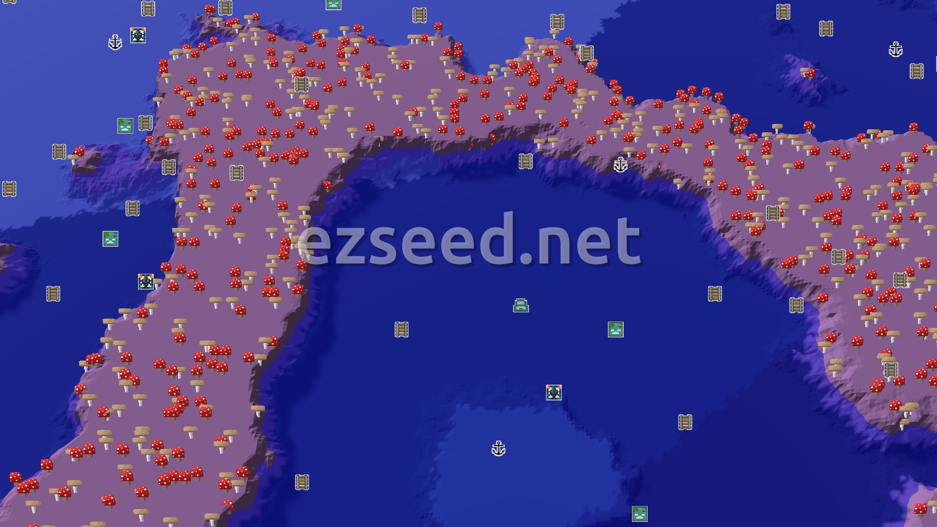 Aerial Minecraft seed map — Mushroom Island and Frozen Peaks at a Distance