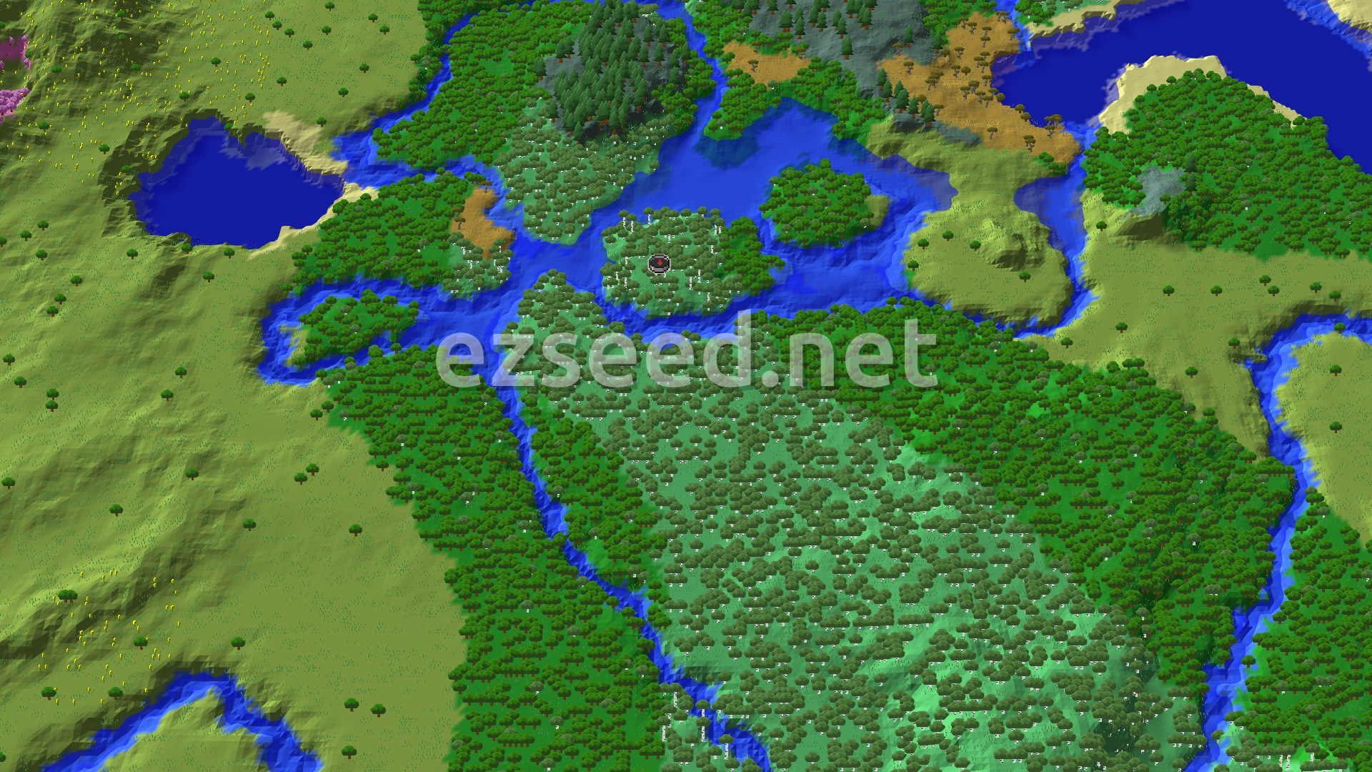 A 3D overhead view of a diverse landscape with rivers, lakes, and various forest types, featuring a small marked island at the center.