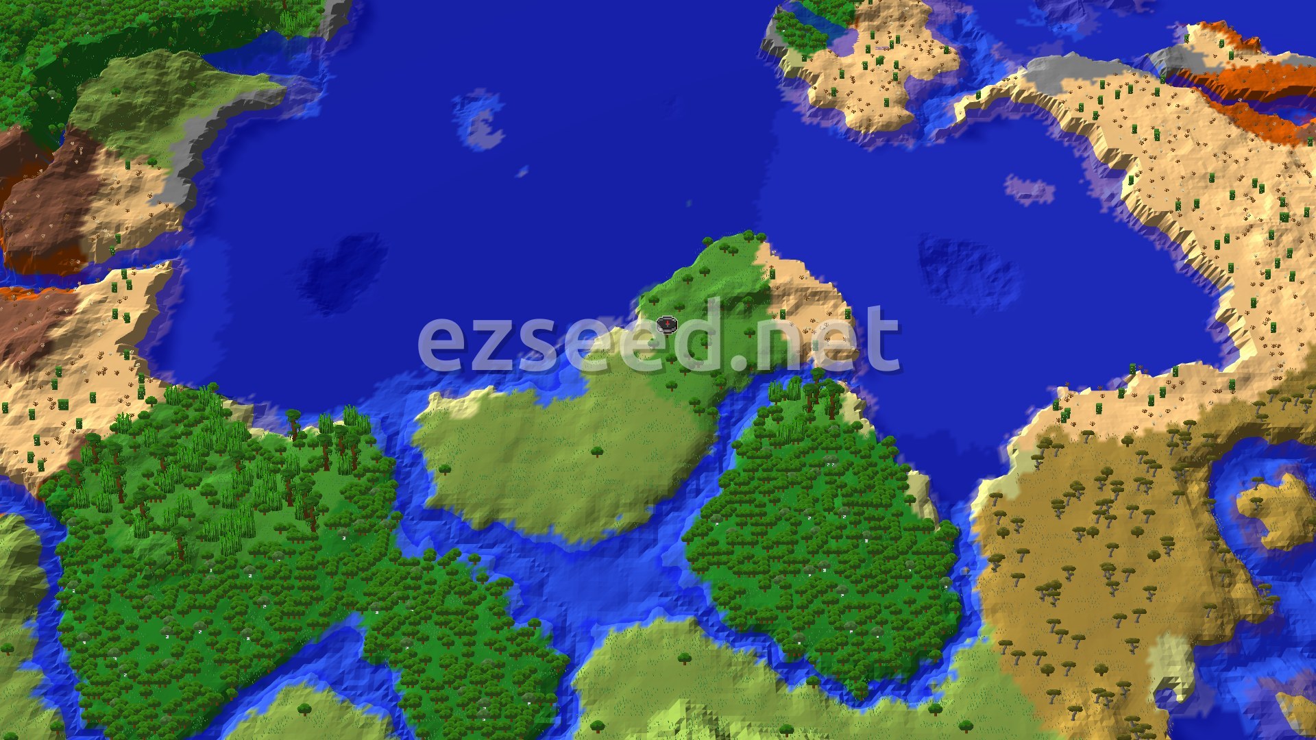 An overhead render of a Minecraft world, showing a peninsula of sparse jungle and plains extending into a large ocean, with sandy deserts and savannas beyond the water. A small spawn marker is visible near the center of the peninsula.