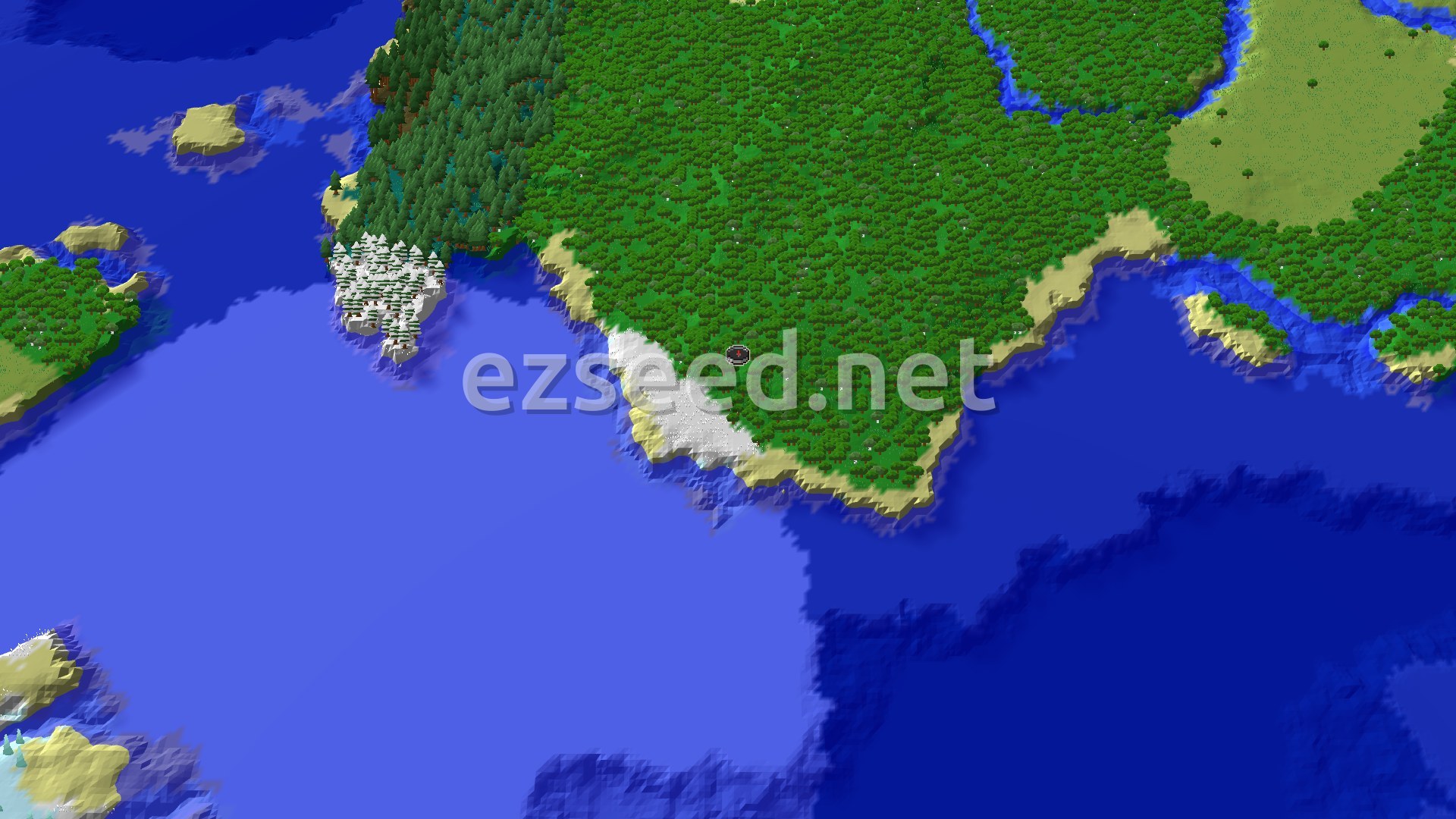 Aerial Minecraft seed map — Forest Spawn with Nearby Cold Biomes and Trial Chambers