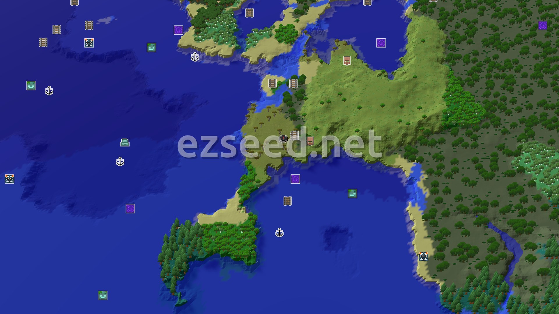 Aerial Minecraft seed map — Minecraft: Swamp Hut, Mineshaft, and Village Nearby