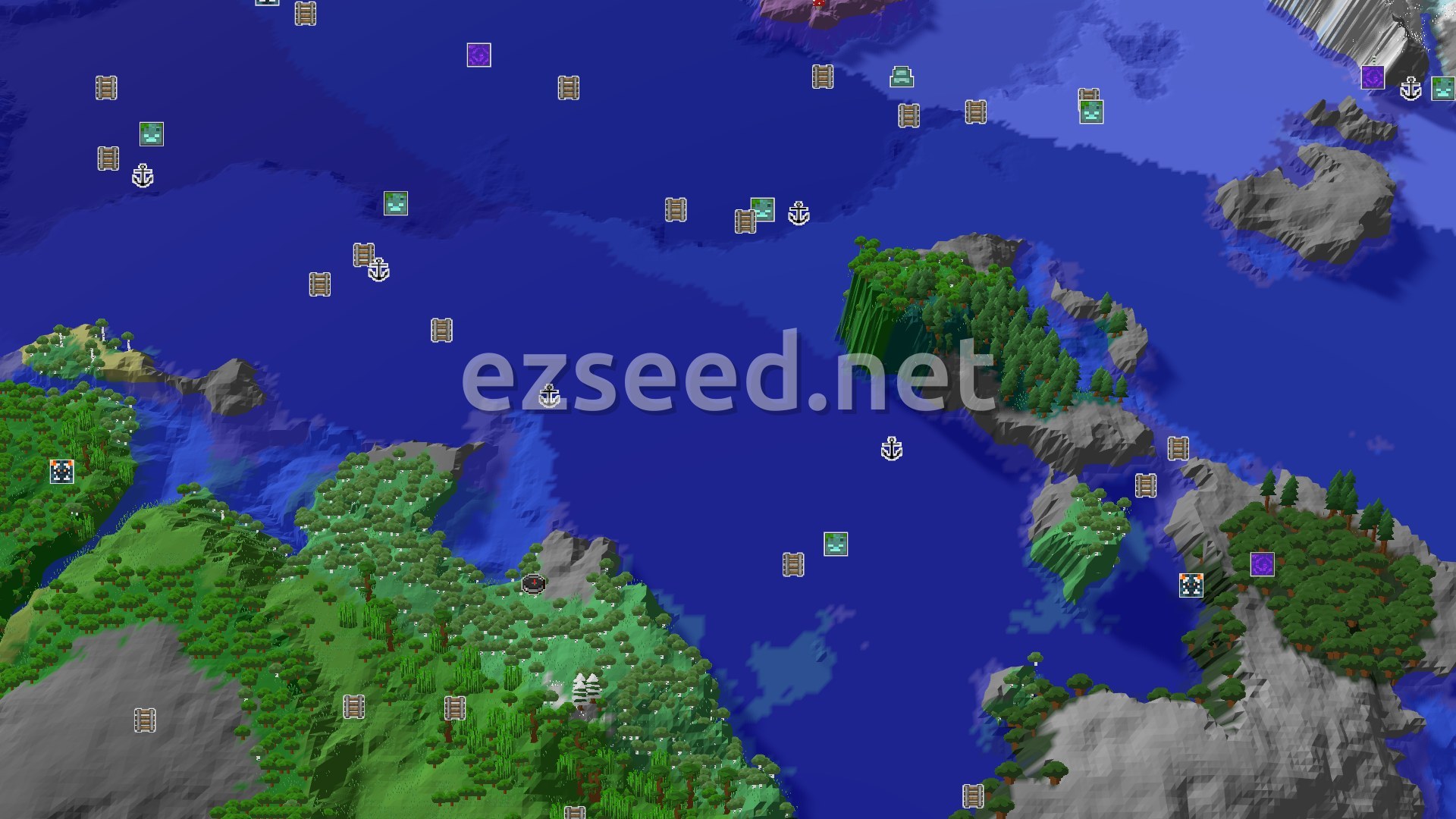 Aerial Minecraft seed map — Spawn Near a Shipwreck, Head to a Woodland Mansion