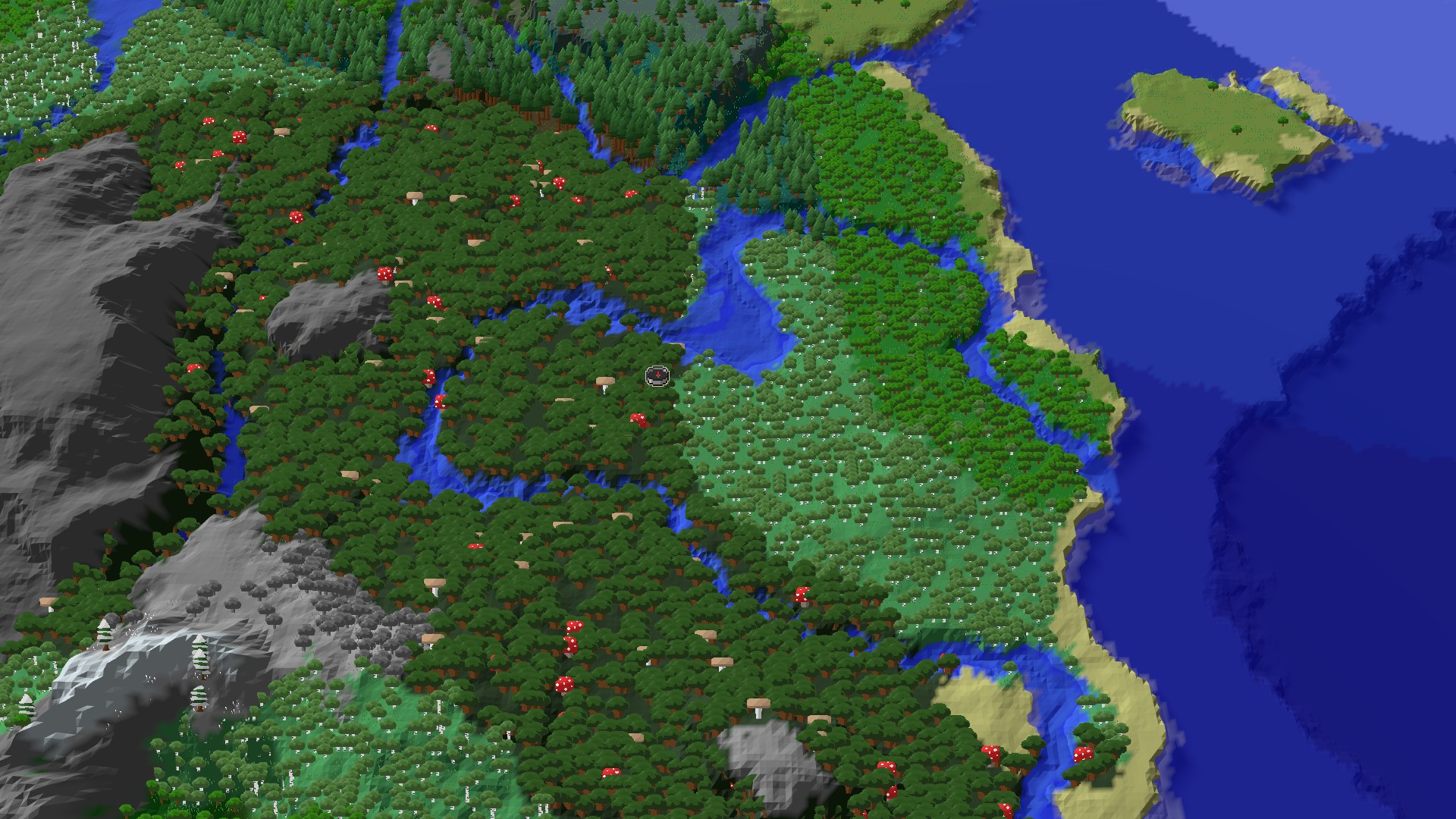 Aerial Minecraft seed map — A Dark Forest Start with Nearby Ancient City and Peaks