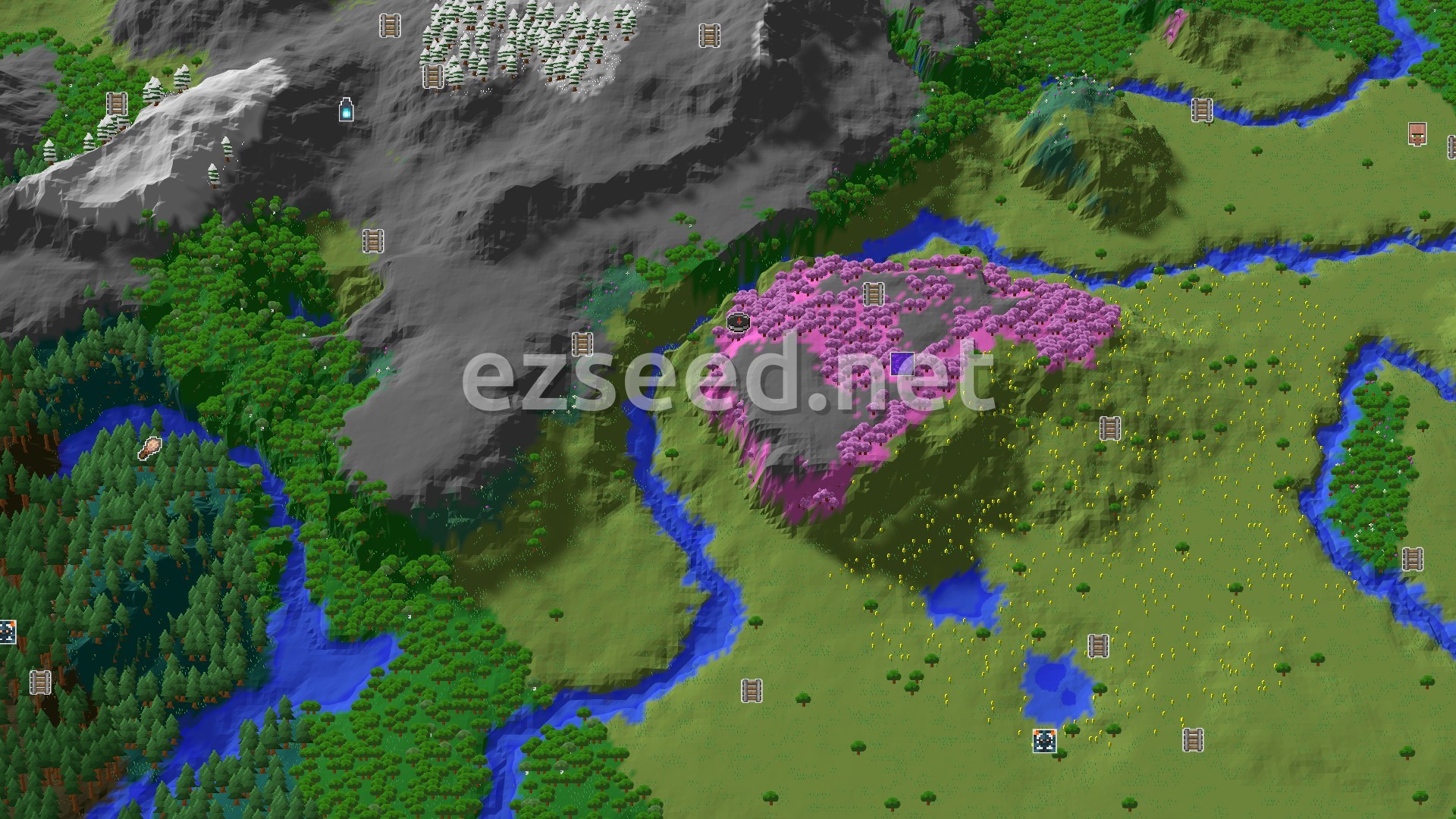 Aerial Minecraft seed map — Cherry Grove Spawn and Nearby Snowy Peaks