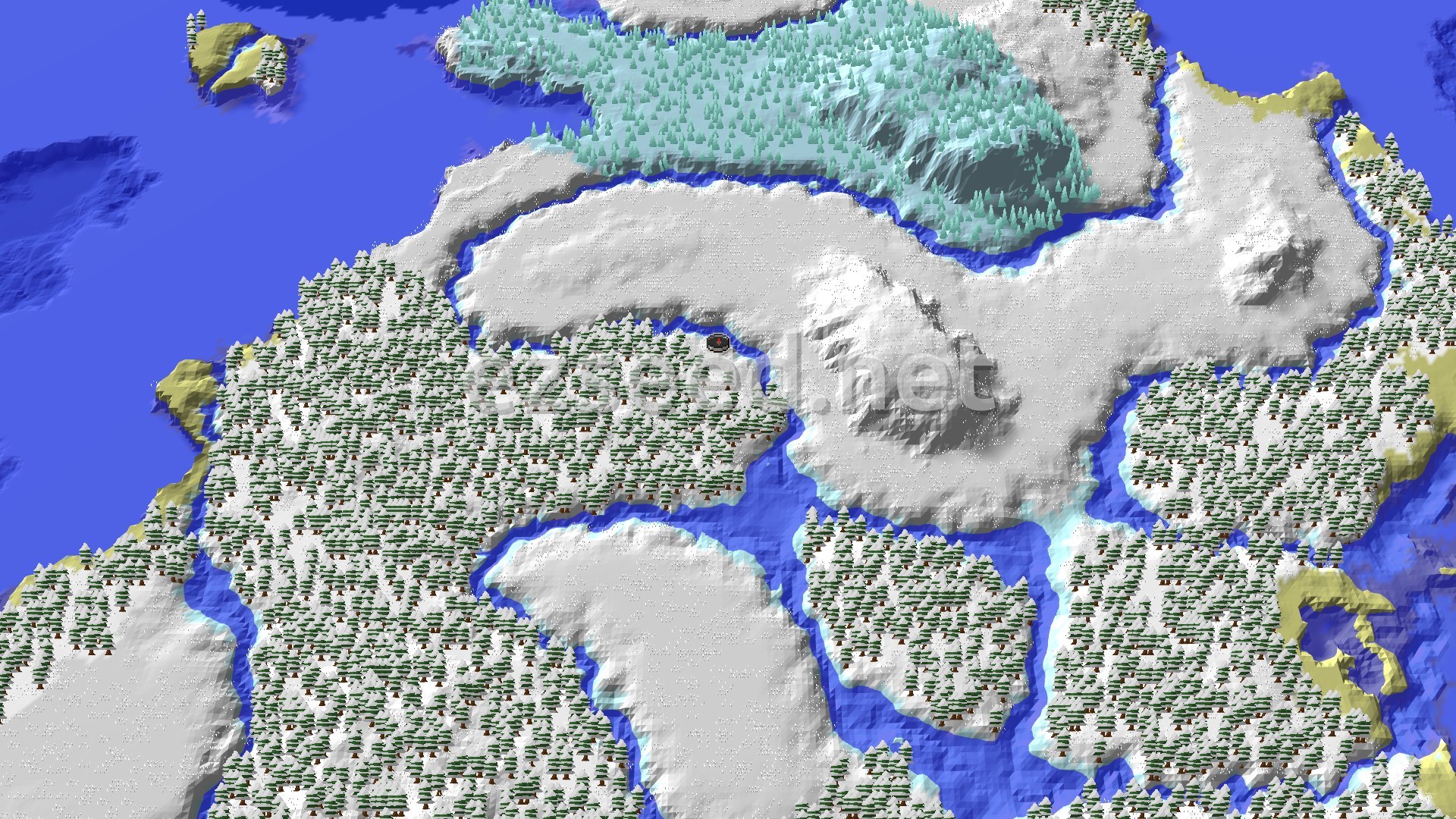 Aerial Minecraft seed map — Ice Spikes Near Spawn in a Snowy Landscape