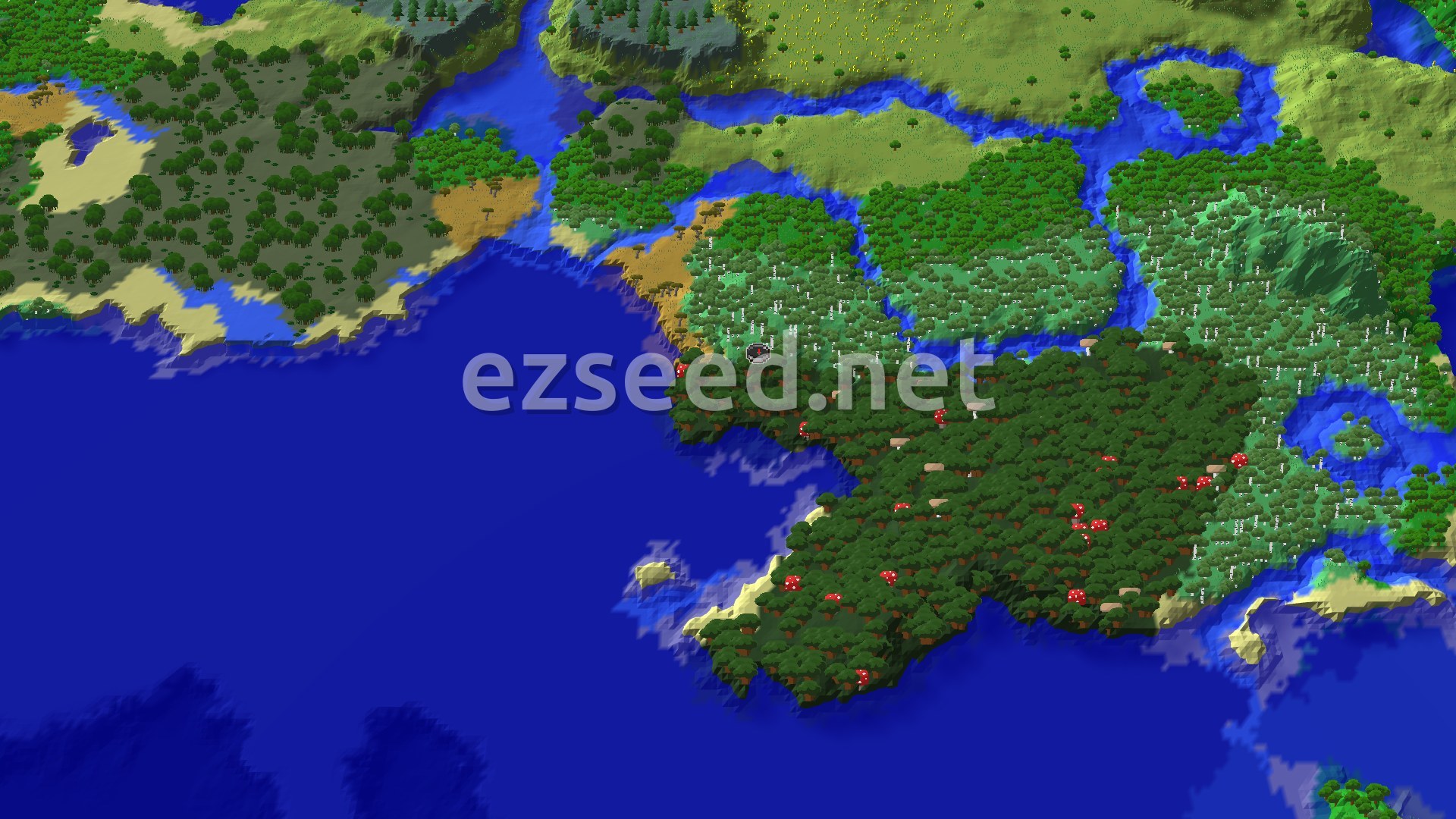 Aerial Minecraft seed map — Woodland Mansion Close to Dark Forest Spawn