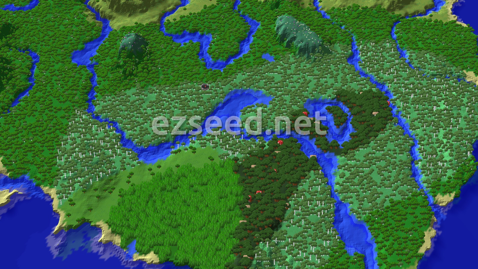 Aerial Minecraft seed map — Ancient City Not Far From Forested Spawn