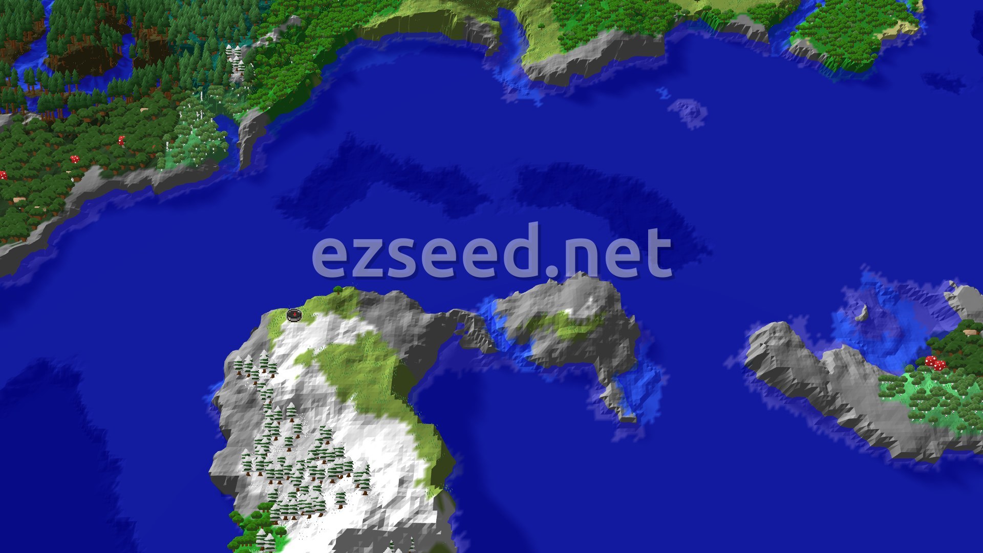 Aerial Minecraft seed map — Snowy Slopes Spawn with Nearby Ocean and Trial Chambers