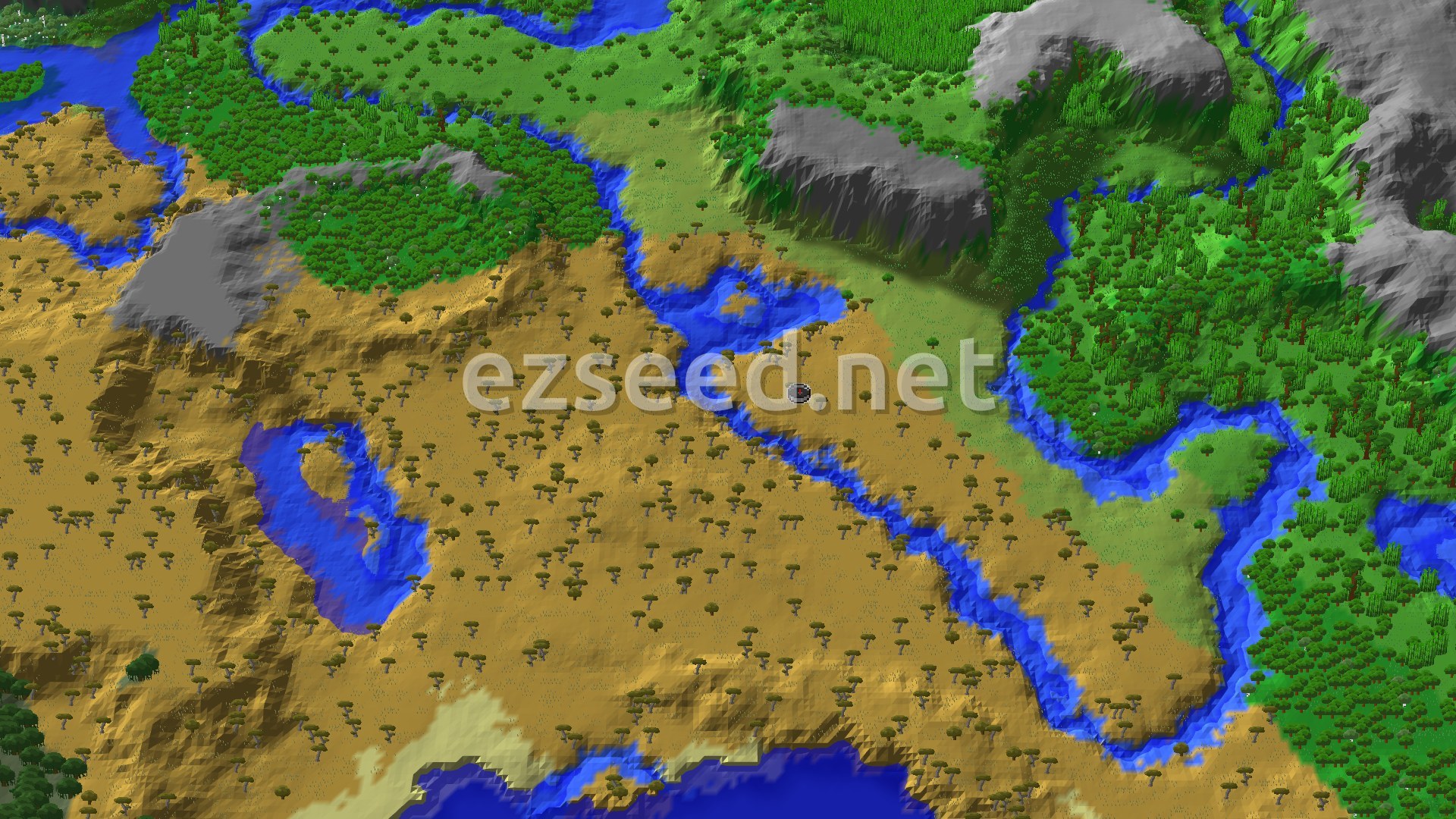 Aerial Minecraft seed map — Savanna Spawn with a Nearby Jungle and Trial Chambers