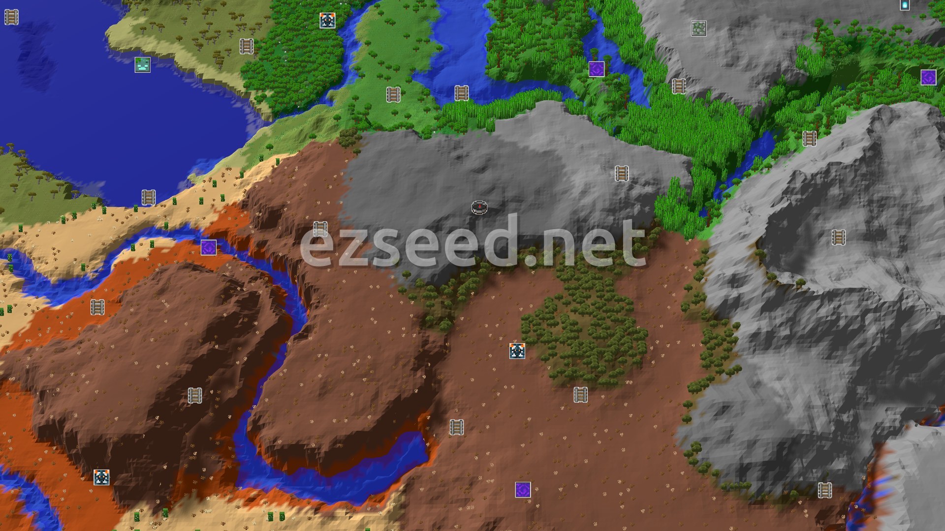 Aerial Minecraft seed map — Wooded Badlands with Nearby Jungles and a Distant Mansion
