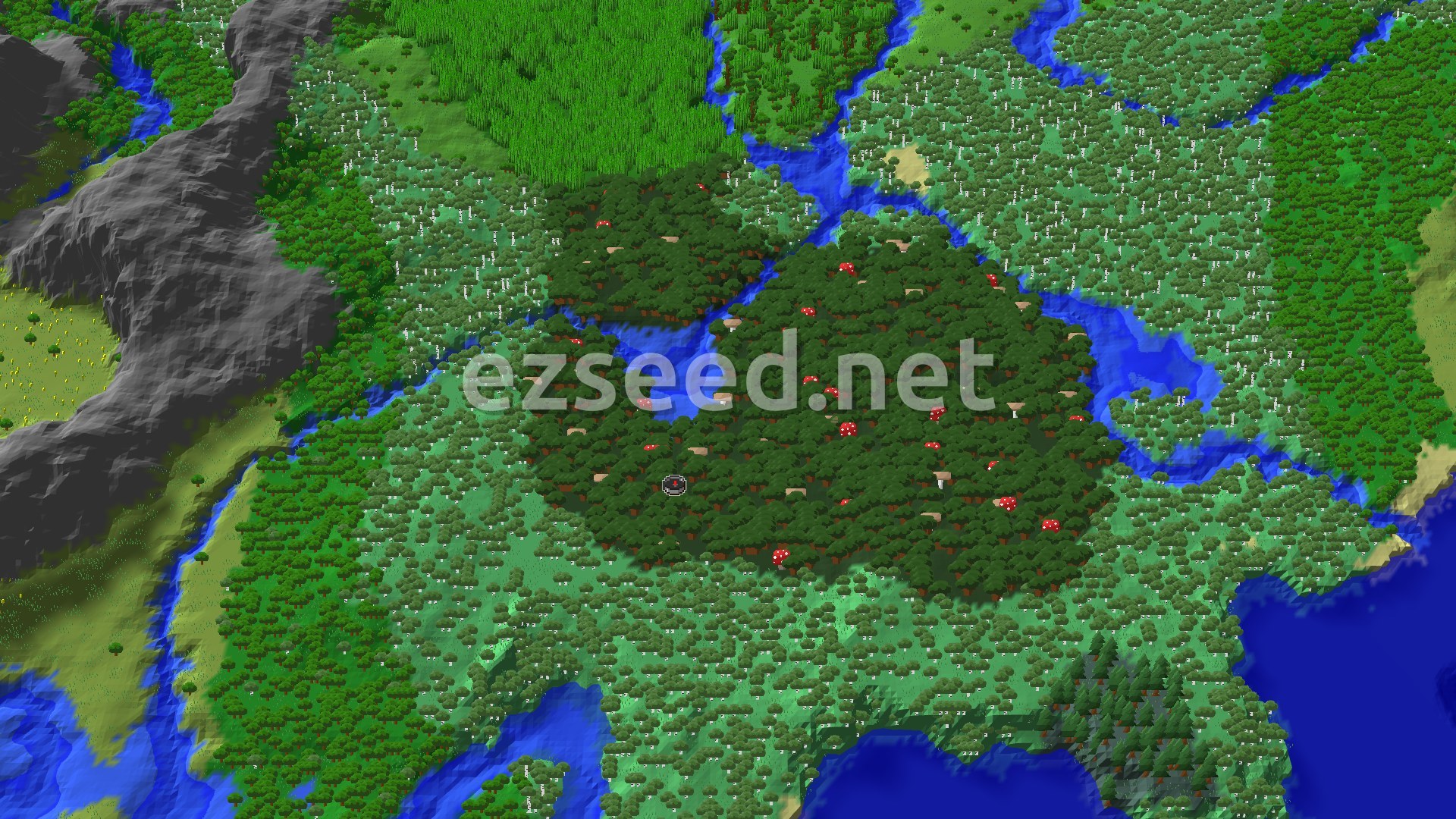 Aerial Minecraft seed map — Dark Forest Spawn With Nearby Trial Chambers