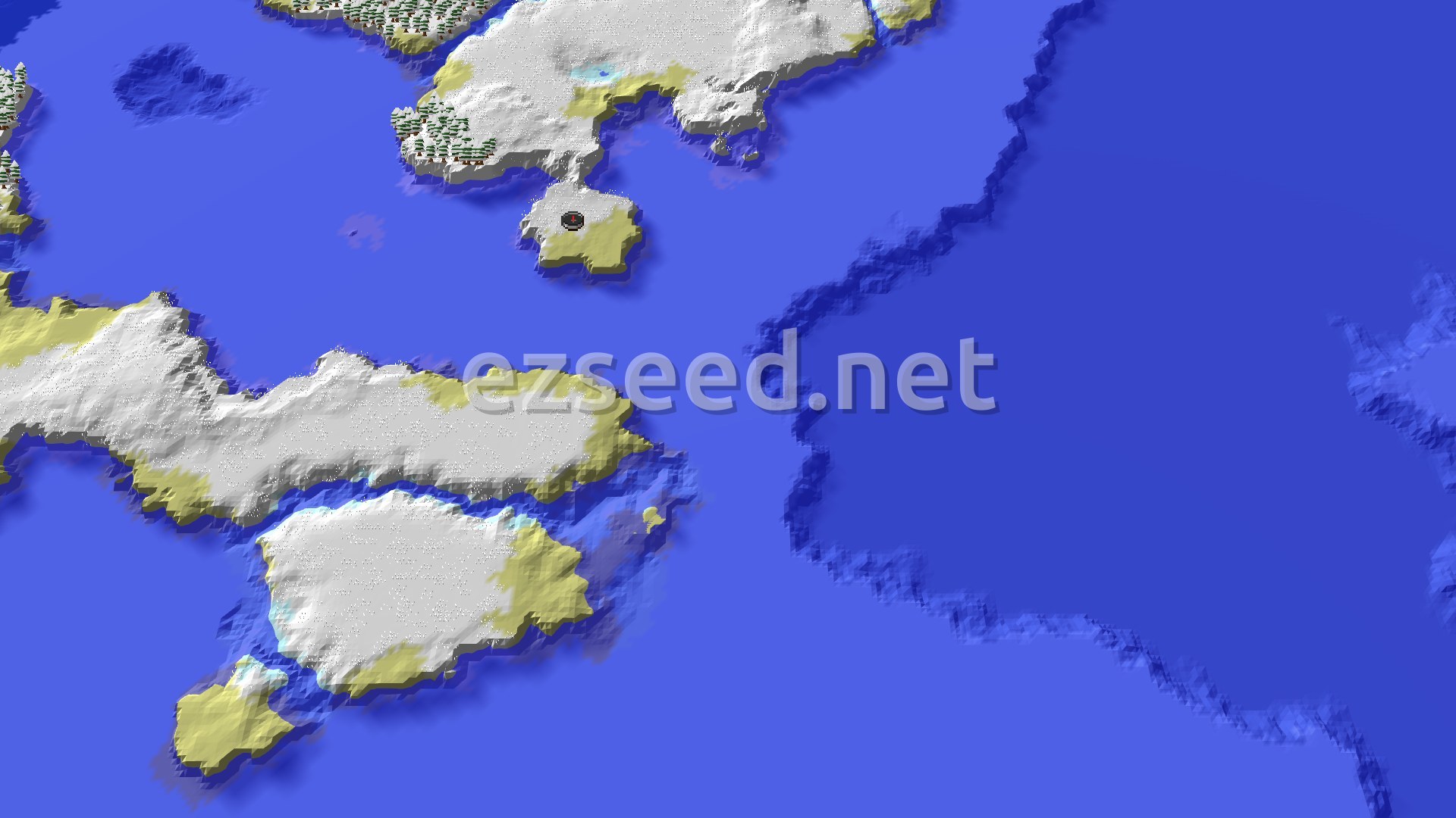 Aerial Minecraft seed map — Frozen Islands and a Close Mineshaft