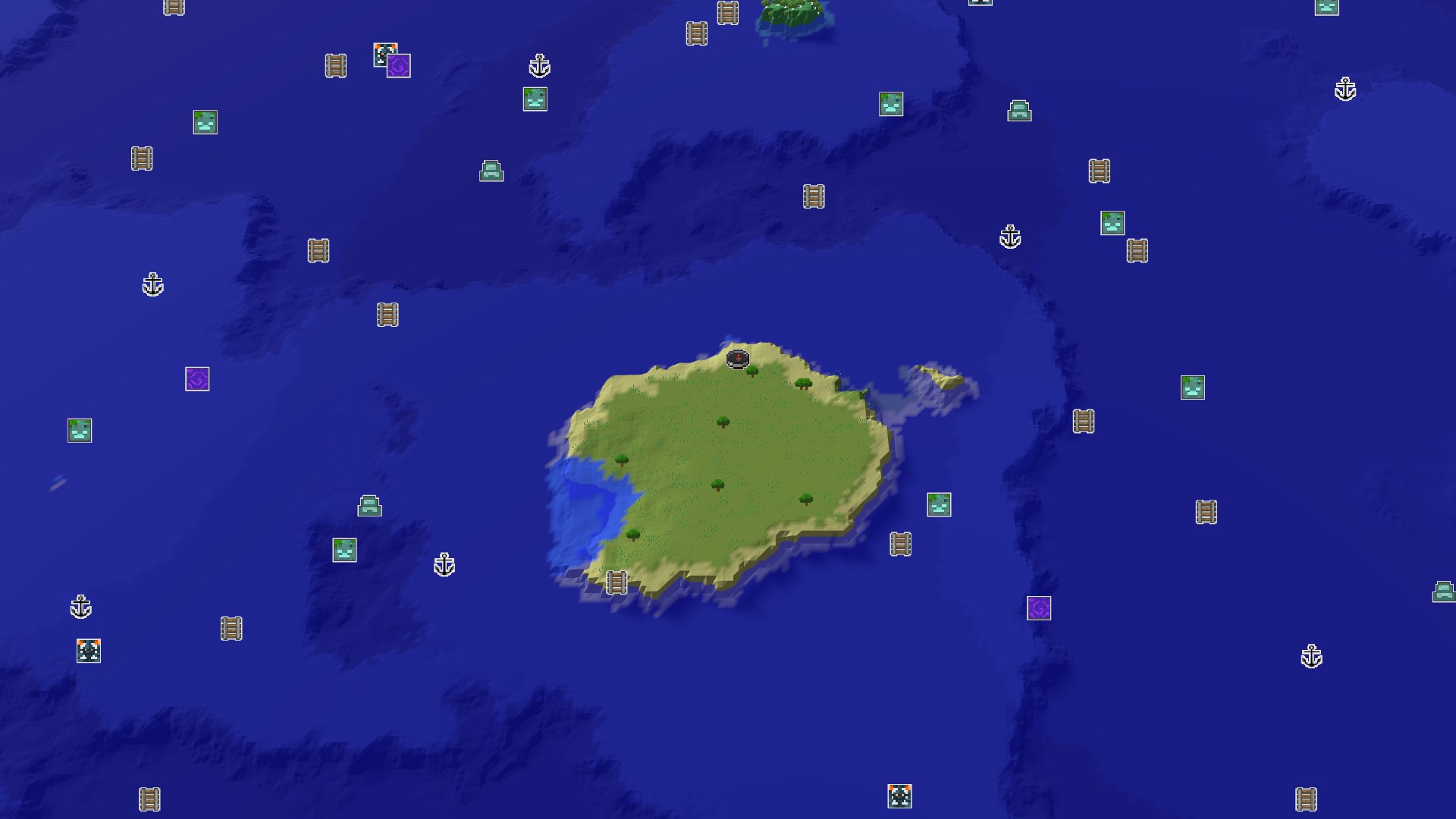 A small, mostly flat grassy island with a few trees, surrounded by deep blue ocean. A small beach lines one side of the island, and the water extends far in all directions.