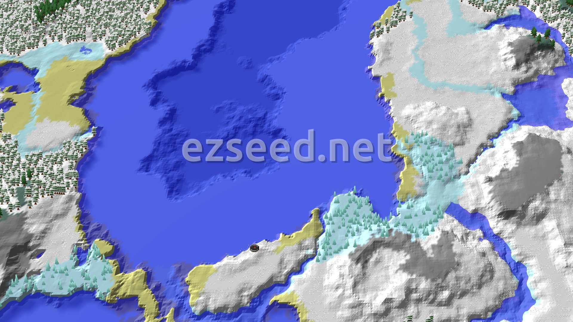 A 3D overhead view of a snow-covered landscape with a large frozen ocean, icy plains, and snowy taiga forests around a spawn marker.