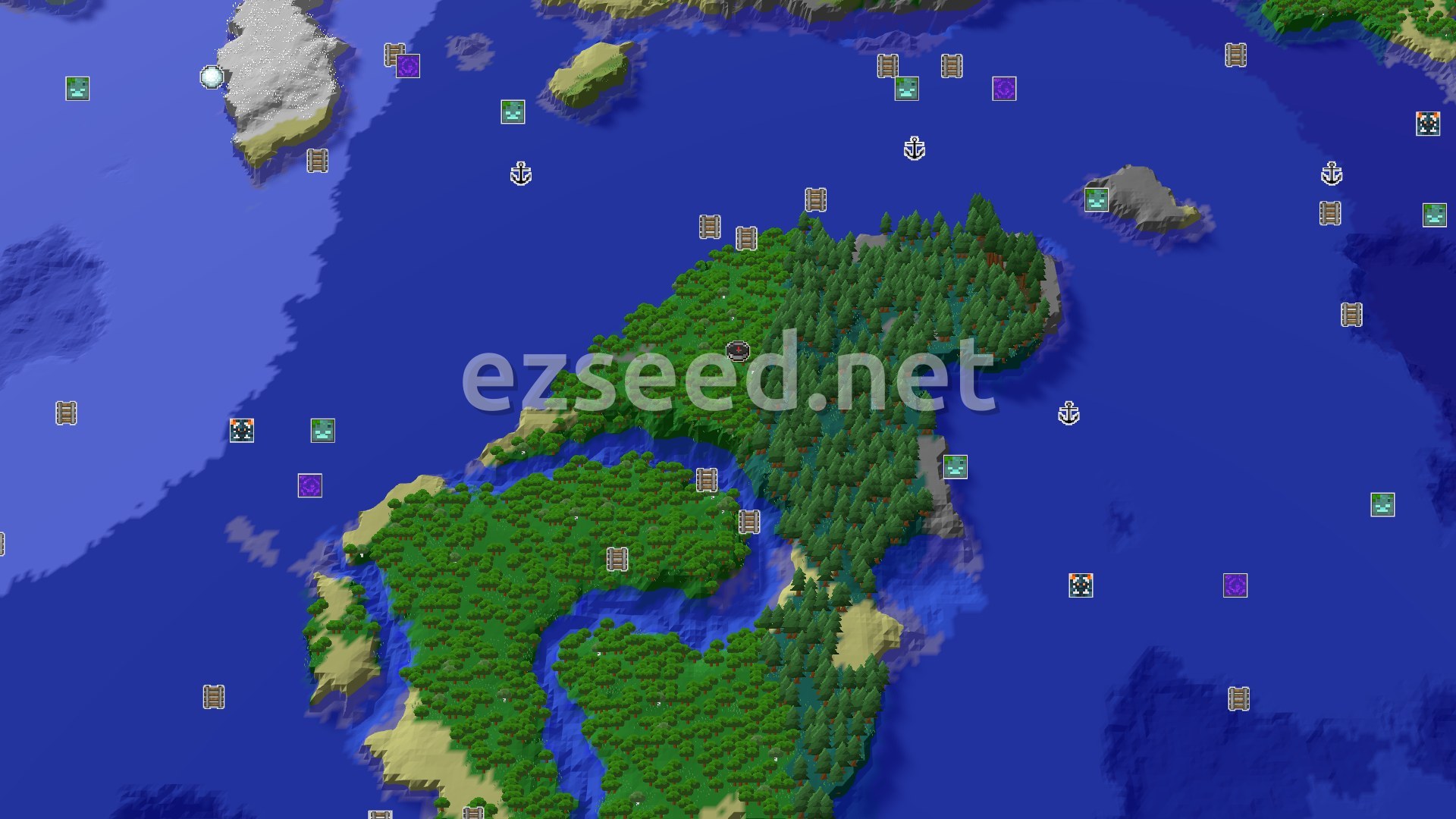Aerial Minecraft seed map — Spawn in a Forest with a Nearby Mineshaft and Ocean Views