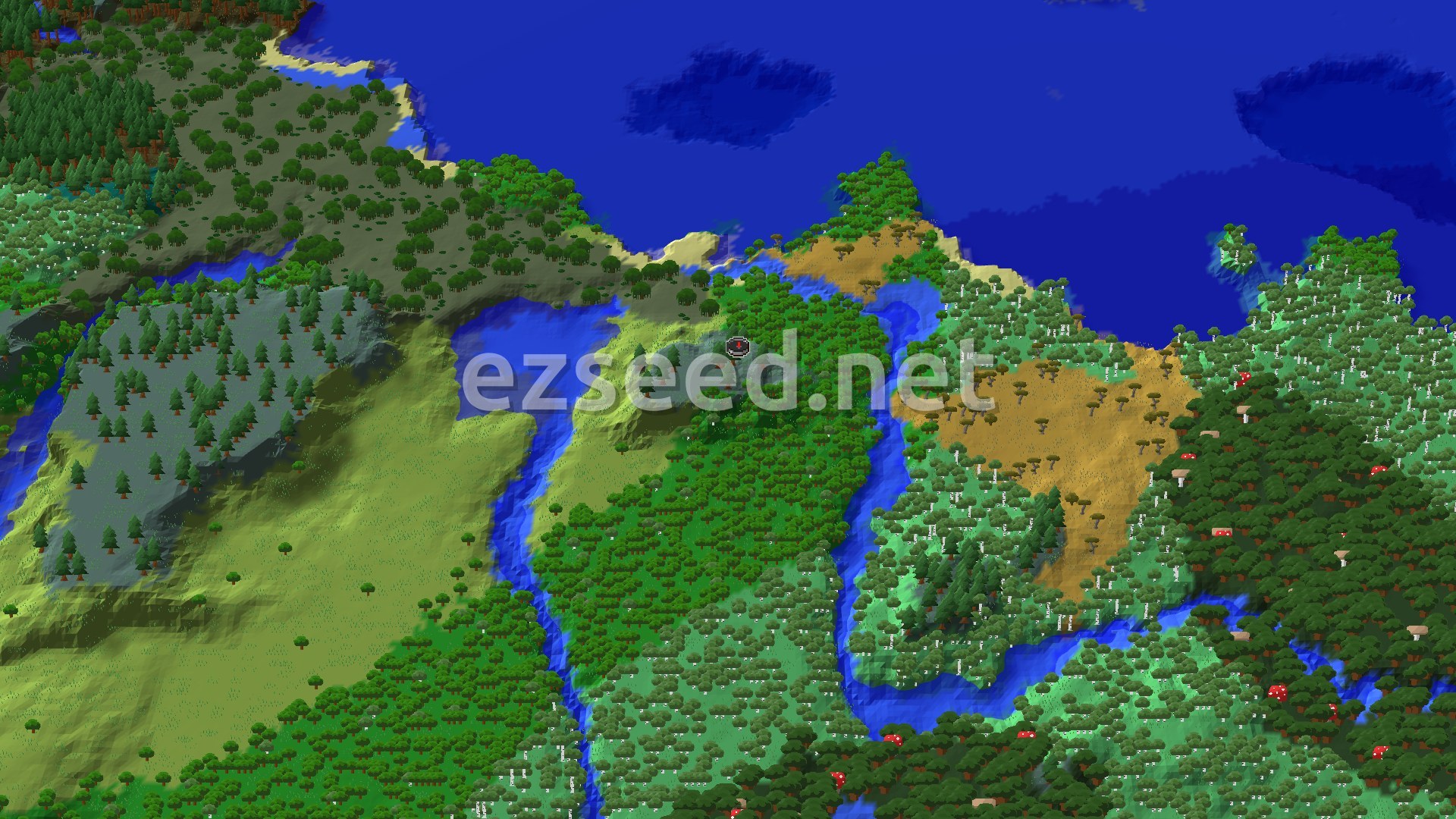 Aerial Minecraft seed map — Windswept Hills Spawn with Nearby Woodland Mansion