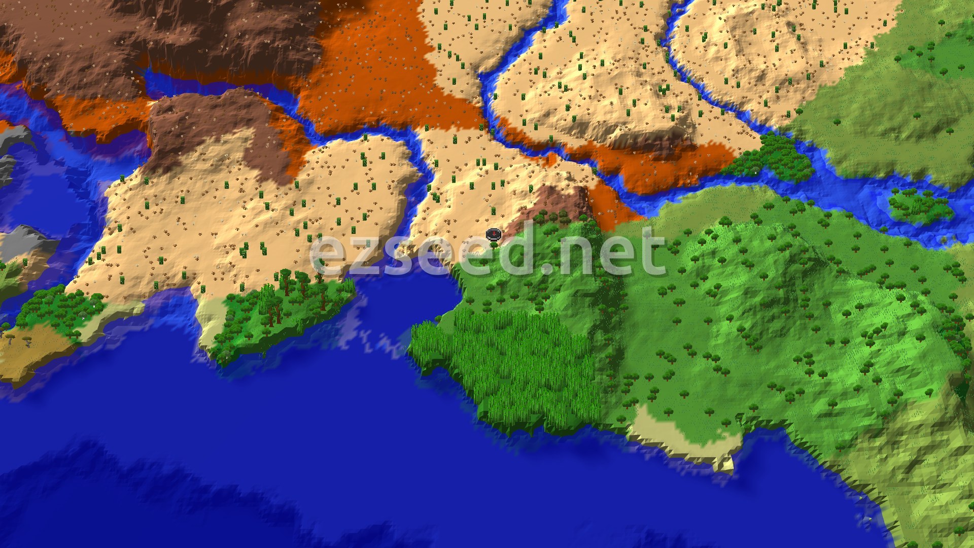 Aerial Minecraft seed map — Spawn in a Desert, with Jungles and Badlands Nearby