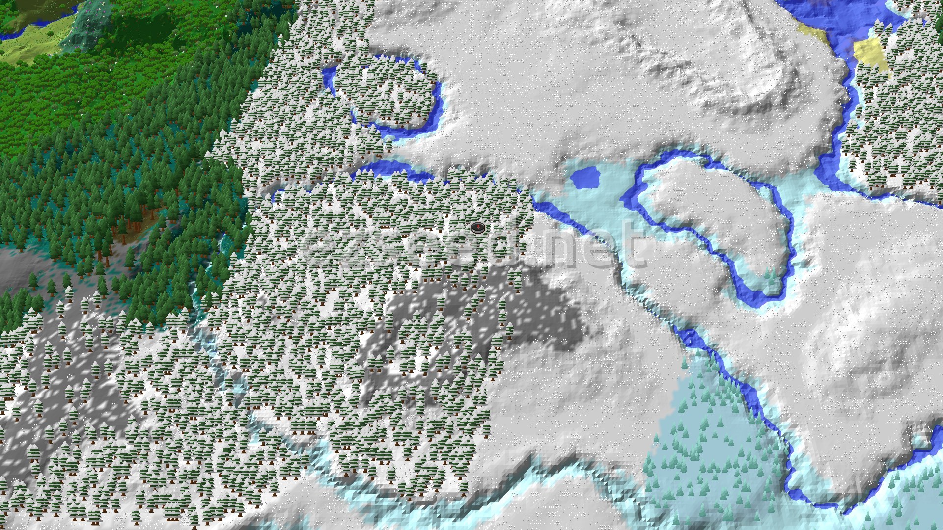 Aerial Minecraft seed map — Snowy Taiga Spawn with Nearby Trial Chambers