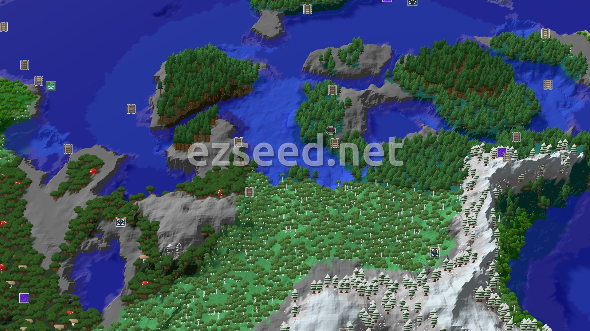 Aerial Minecraft seed map — A Taiga Start with Nearby Peaks and Mineshaft