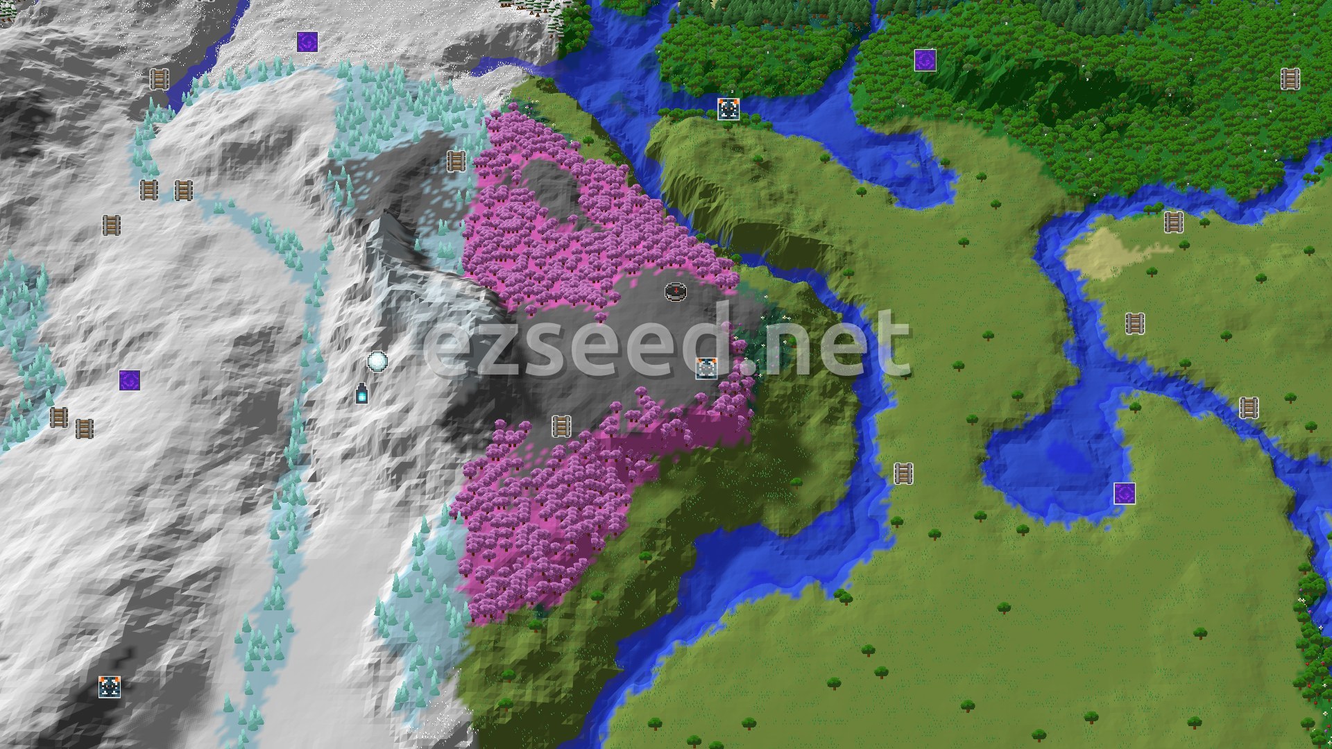 Aerial Minecraft seed map — Cherry Grove at Spawn, with Nearby Ancient City and Snow