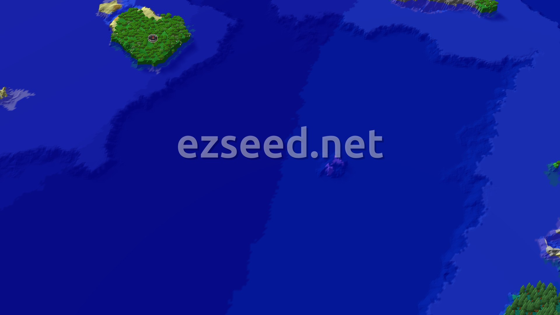 Aerial Minecraft seed map — Island Spawn with Nearby Ocean Ruins and Deep Waters