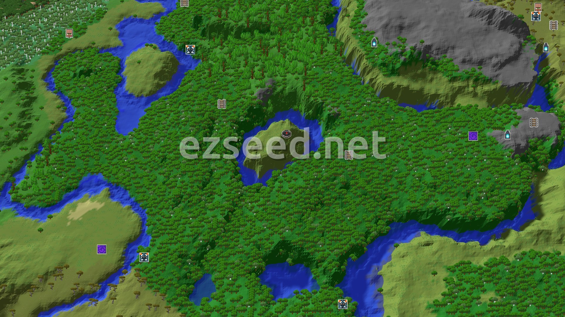 Aerial Minecraft seed map — Spawn Near a Jungle and Badlands Landscape