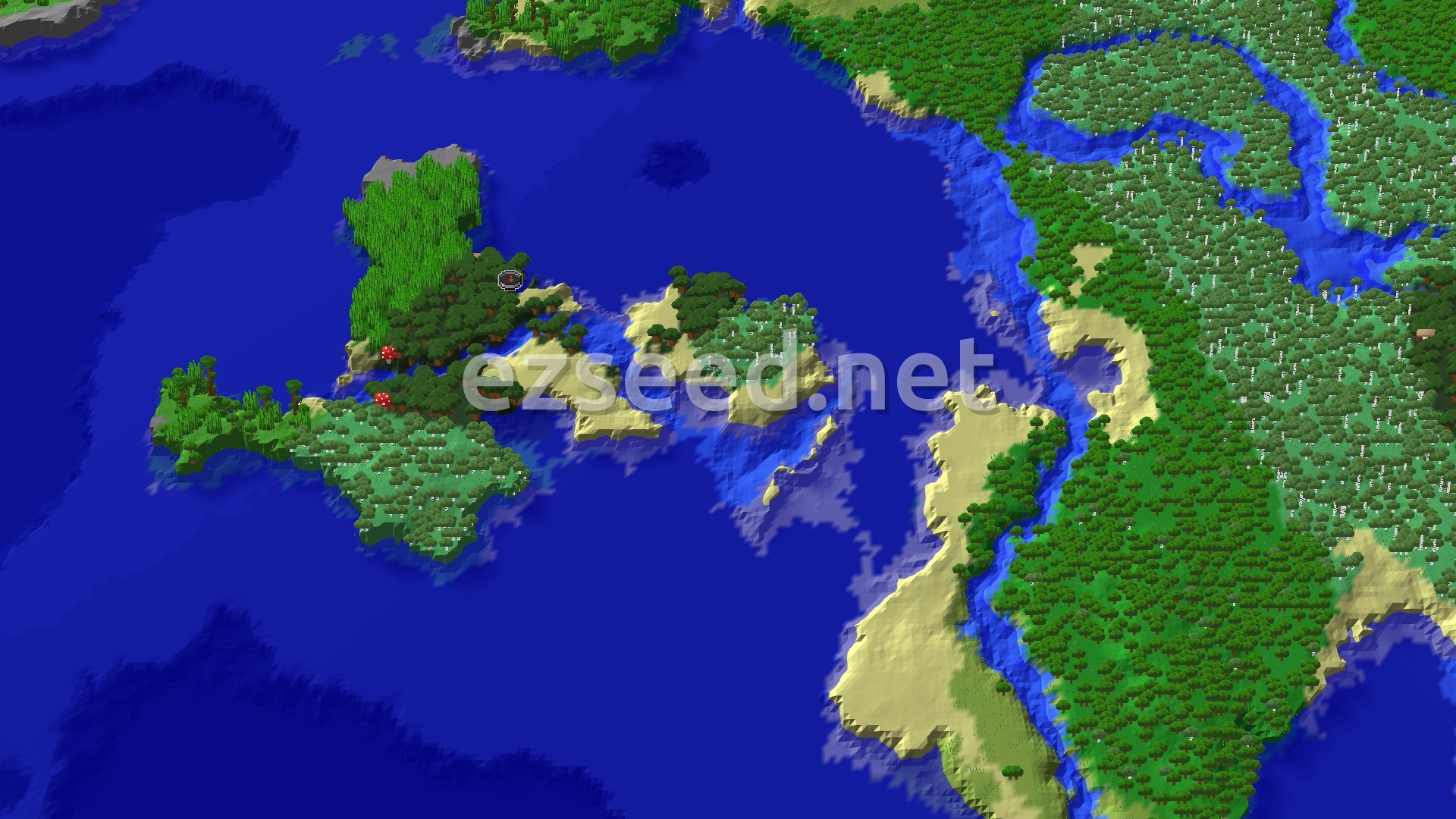 Aerial Minecraft seed map — Spawn on a Beach with a Trial Chambers close by