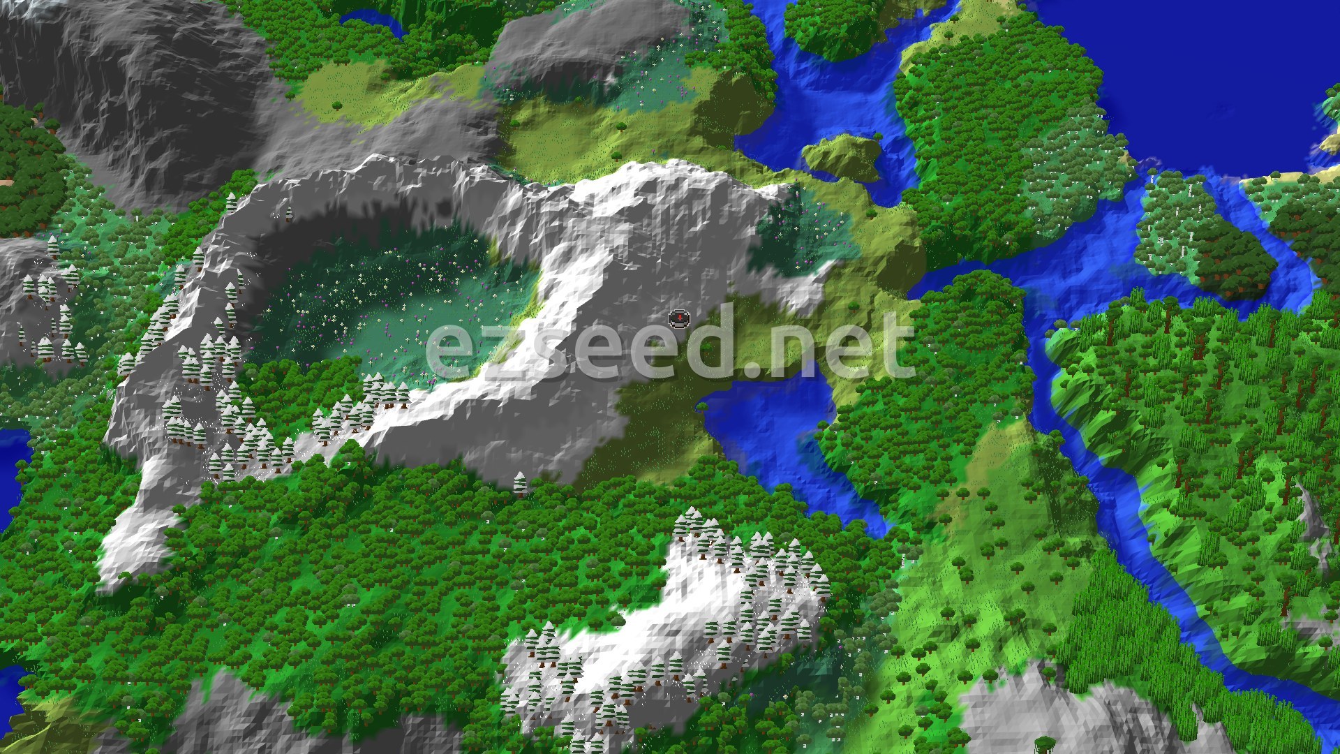 Aerial Minecraft seed map — Snowy Slopes Spawn with Nearby Ancient City