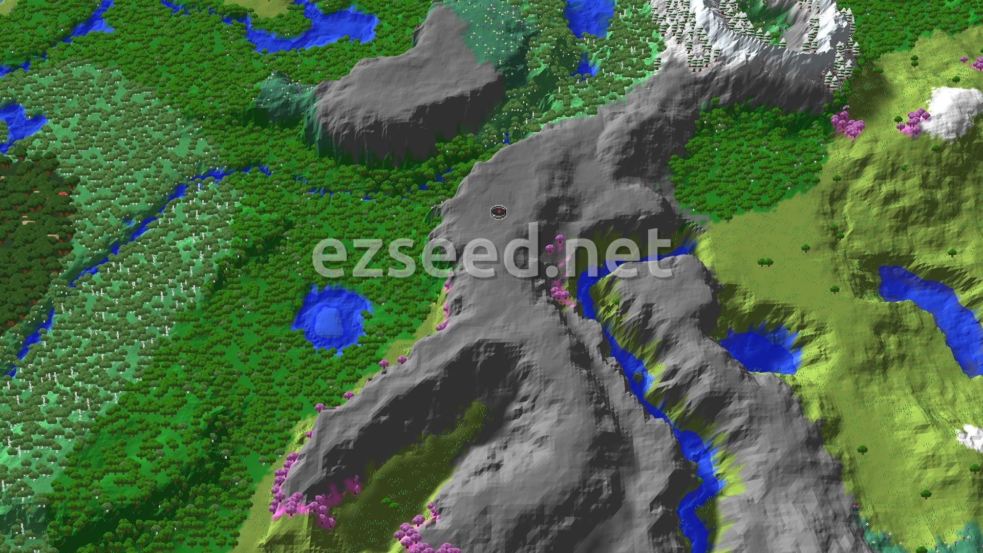 Aerial Minecraft seed map — Cherry Grove Spawn Beside Snowy Peaks