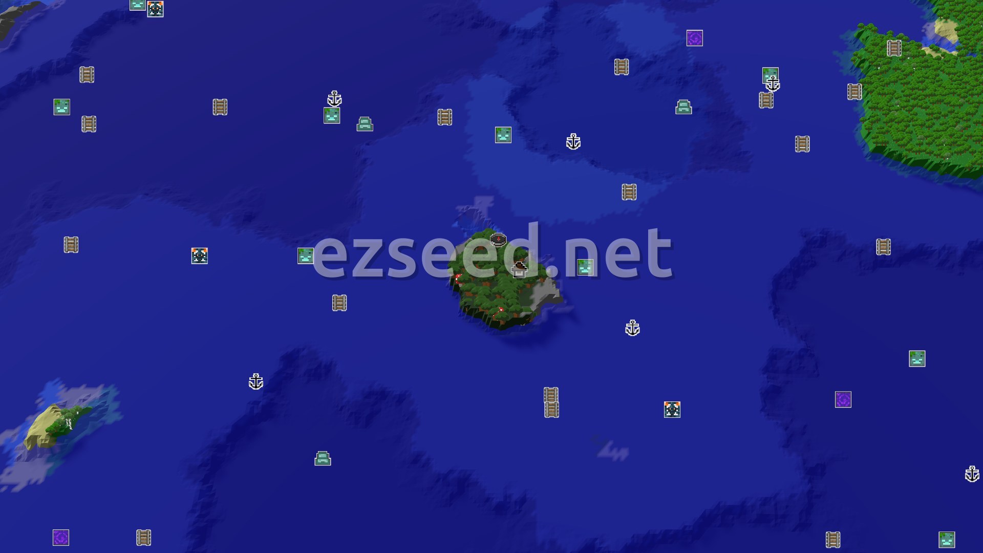 Aerial Minecraft seed map — Spawn in a Dark Forest next to a Woodland Mansion