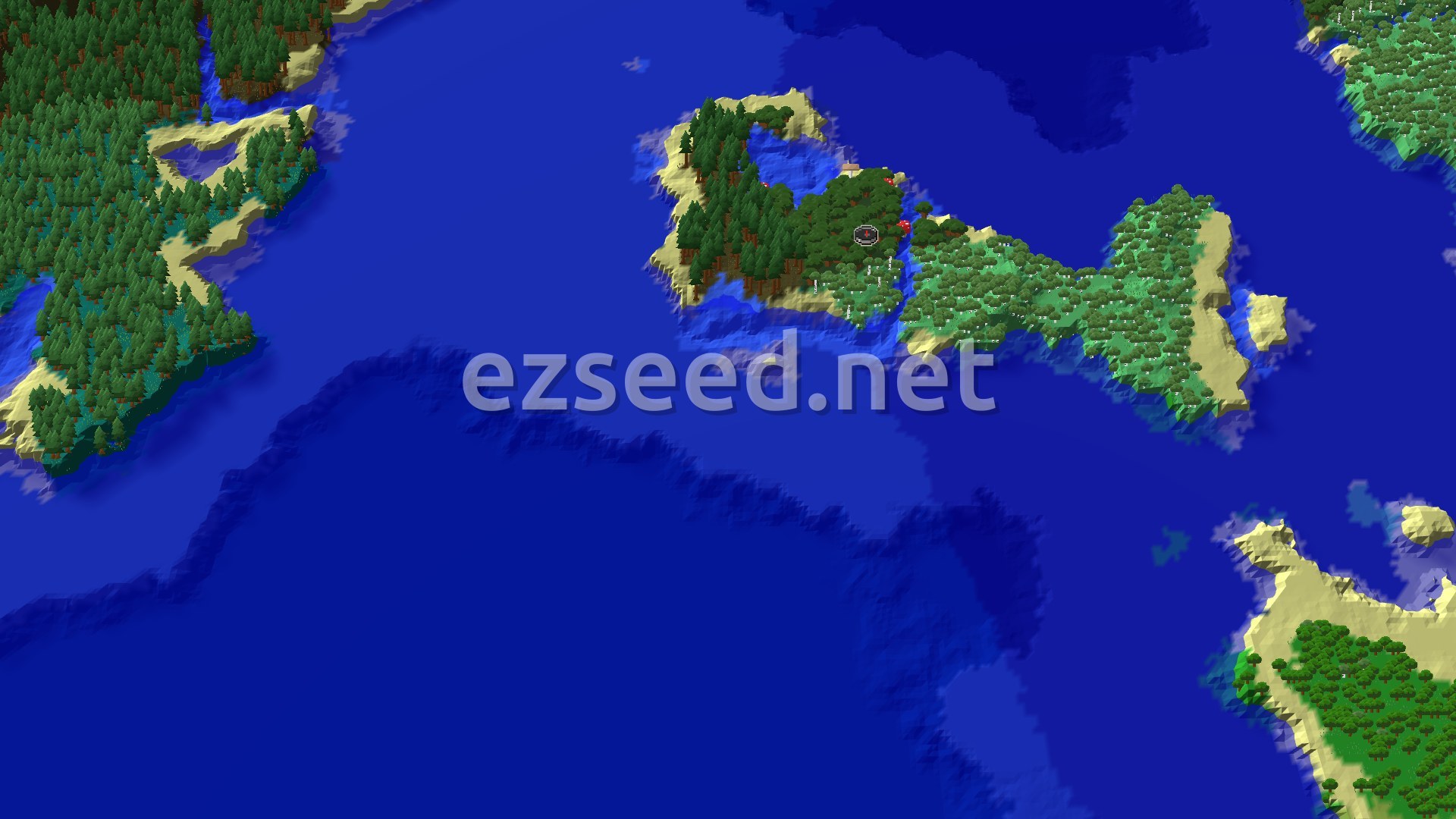 Aerial Minecraft seed map — Island Dark Forest Start with Nearby Treasures