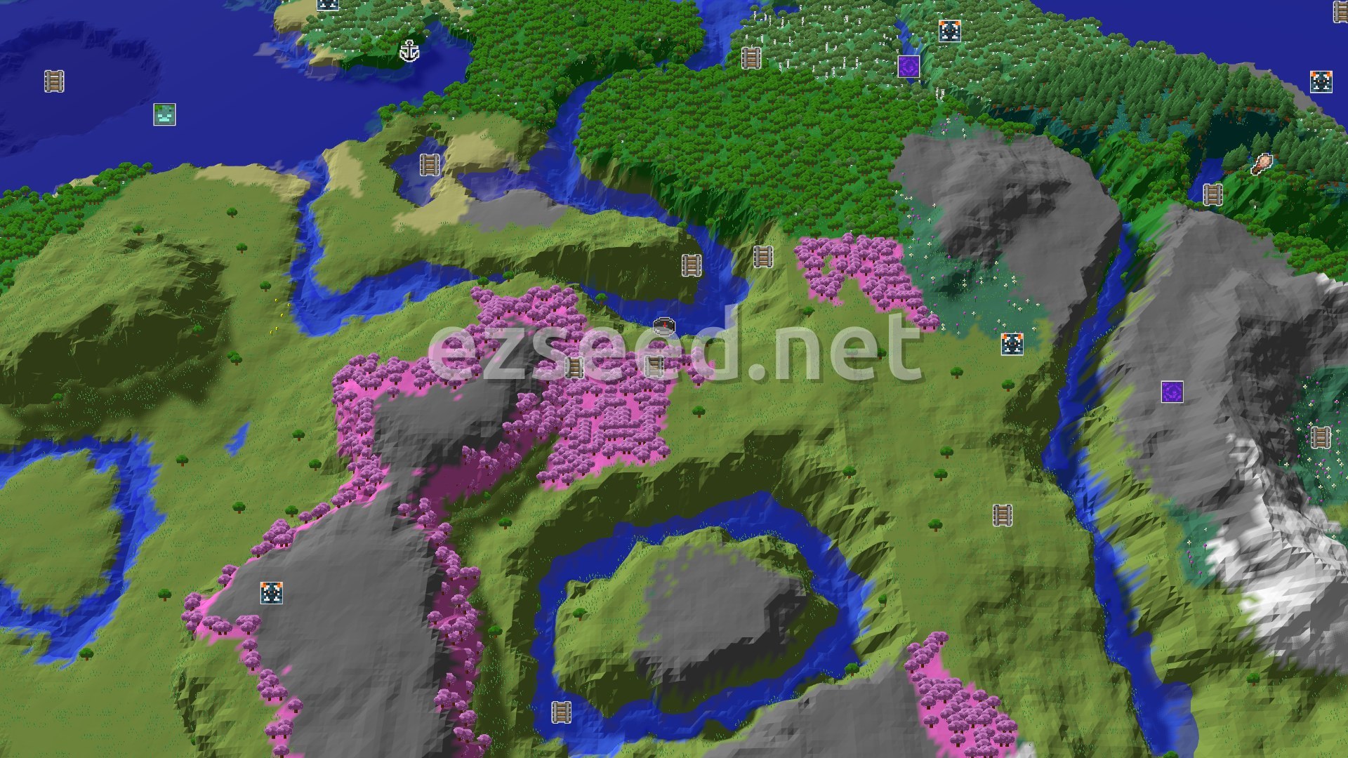 Aerial Minecraft seed map — Cherry Grove and Mineshaft Near a Plains Spawn