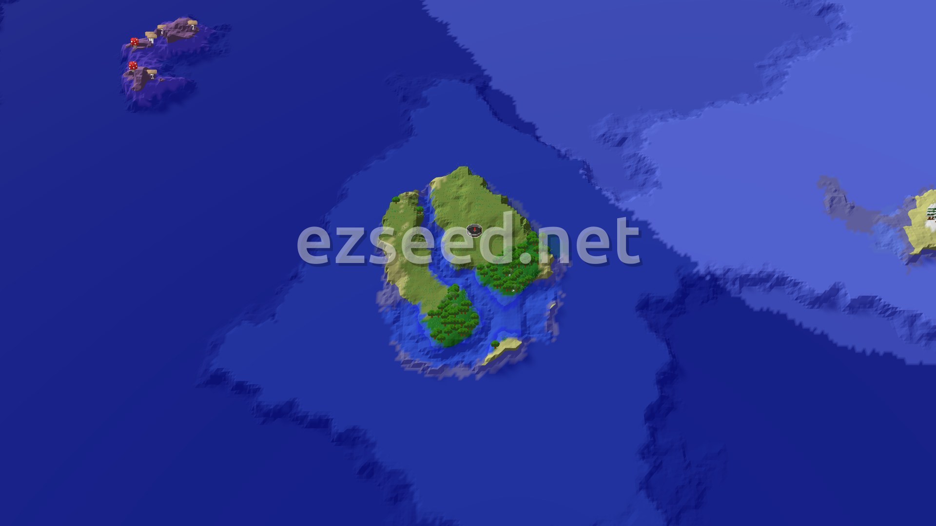 Aerial Minecraft seed map — An Island Start with a Close Mushroom Field