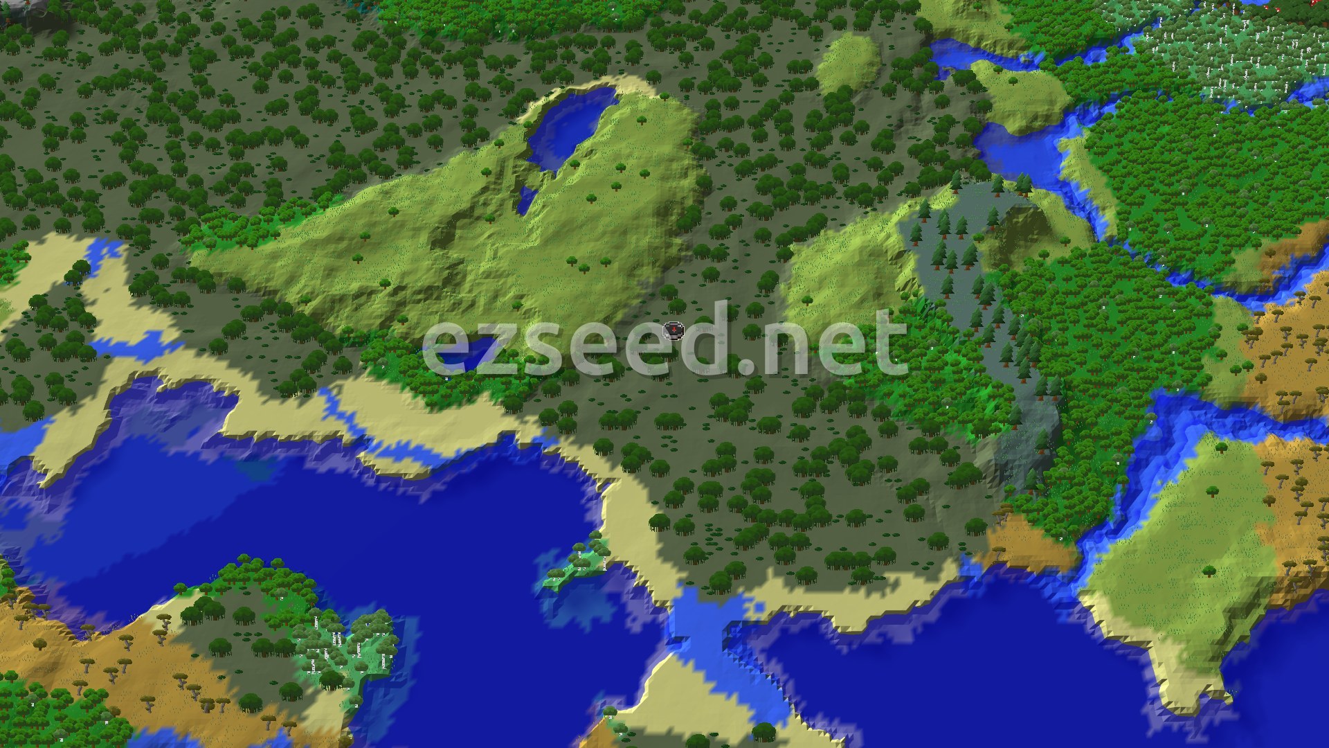 An aerial view of a varied landscape featuring a large body of water, sandy beaches, lush green forests, and some open grassy plains, with a small swamp hut visible.