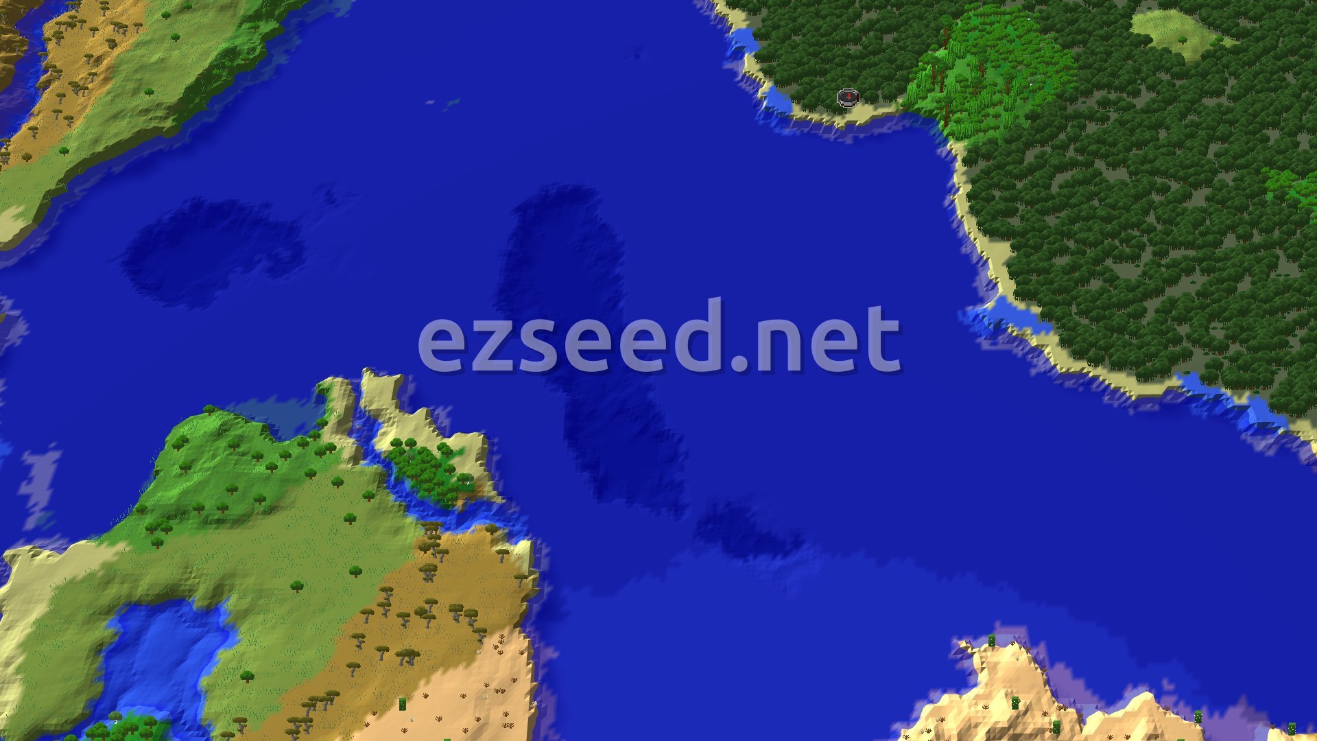An aerial view of a coastline with a dense green forest, sandy beaches, and a vast blue ocean. A small spawn marker is visible near the coast.