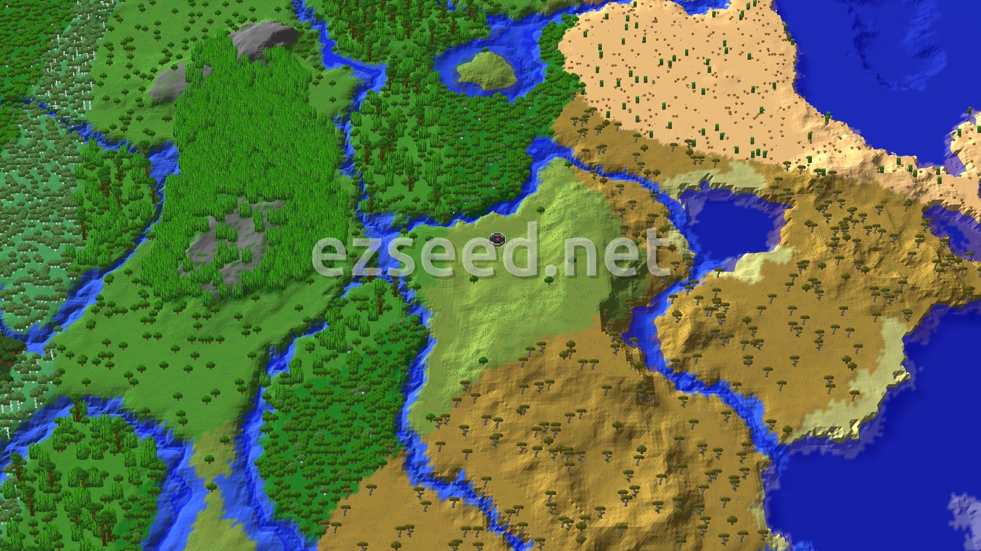 Aerial Minecraft seed map — Spawn in Plains with Jungles and Deserts nearby