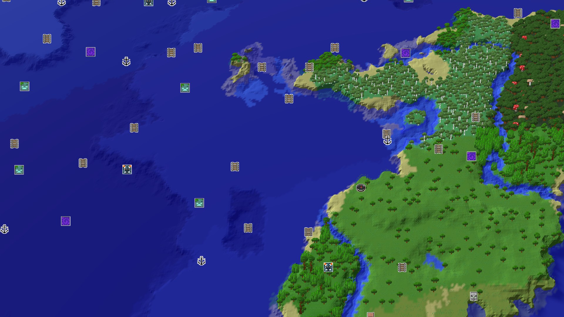 An overhead 3D view of a varied landscape featuring a prominent ocean to the west, a large landmass with a mix of sparse jungle, birches, and darker forests to the east, and a river winding through the terrain. A small marker indicates the spawn point on a forested hill.