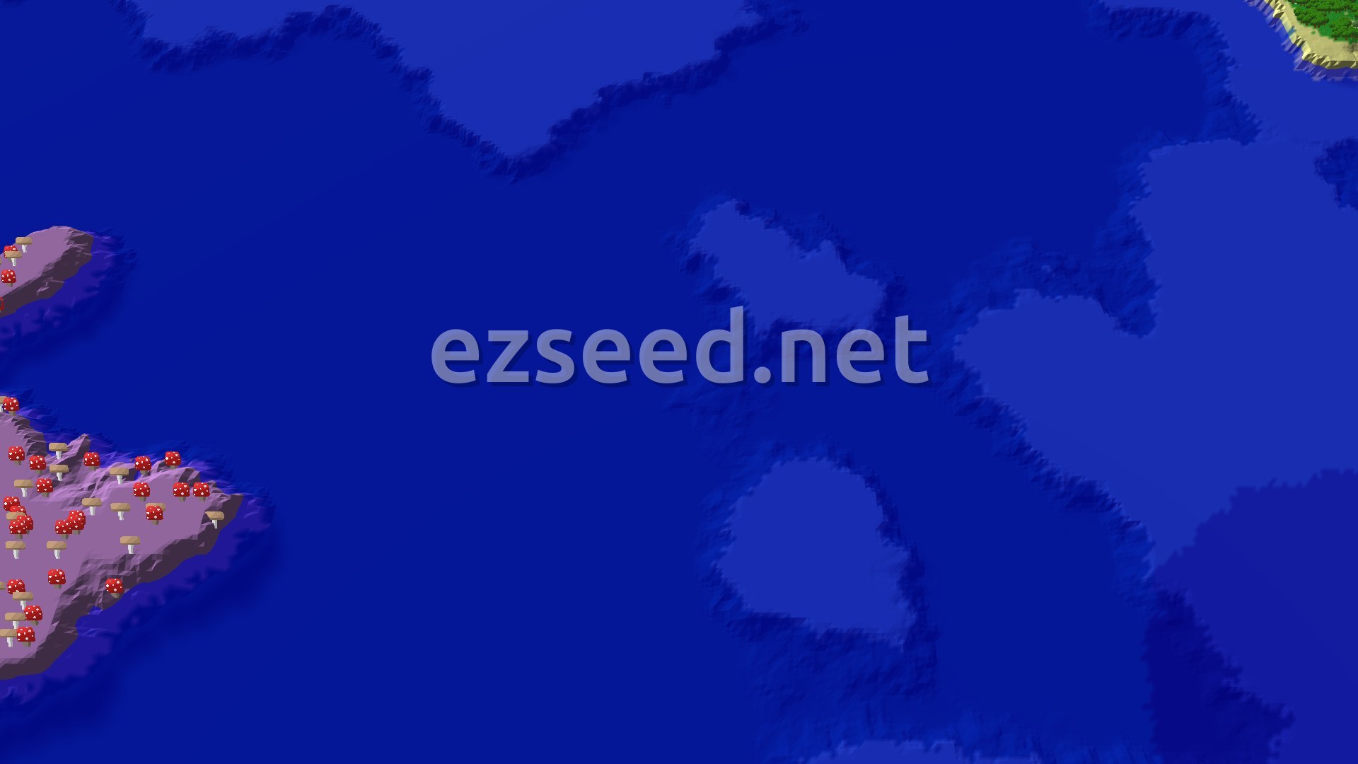 A 3D fly-over of a world with vast blue oceans, scattered islands, and a mushroom fields biome visible on the left.