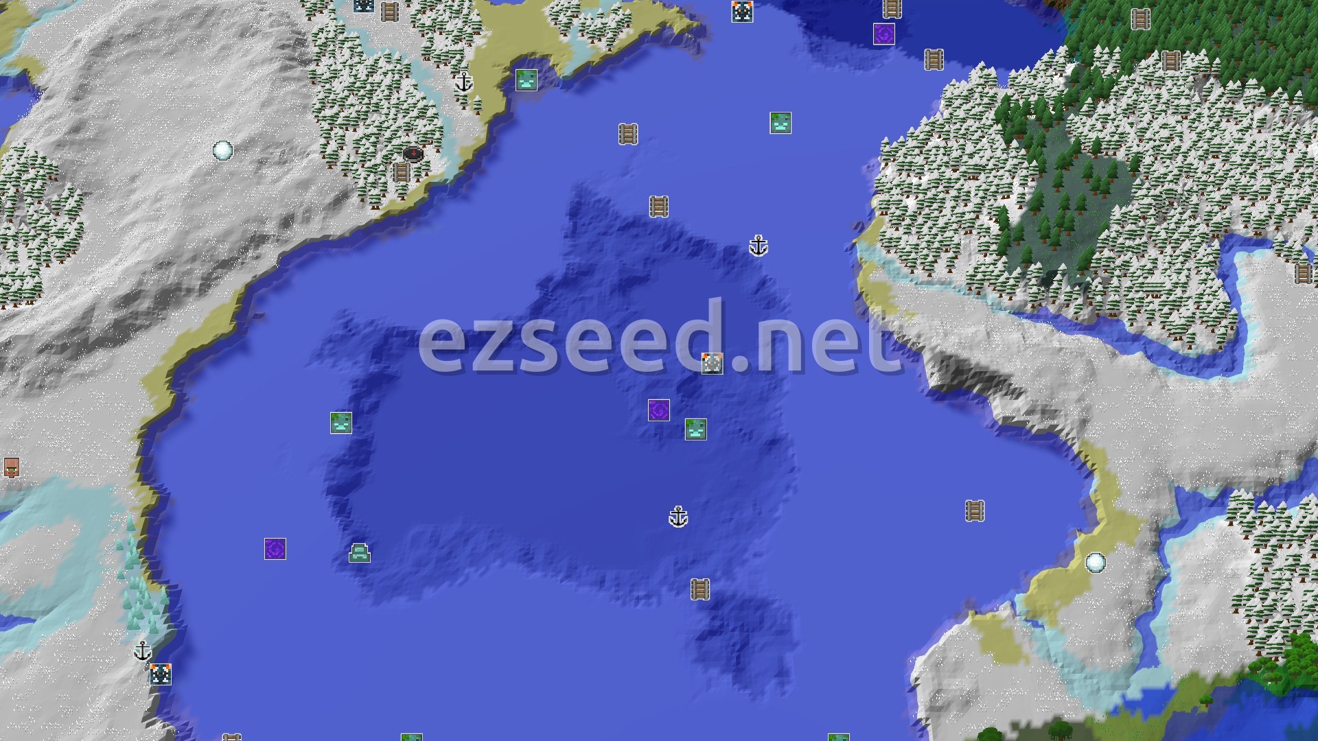 Aerial Minecraft seed map — Ice Spikes Near Spawn with Close Underwater Loot
