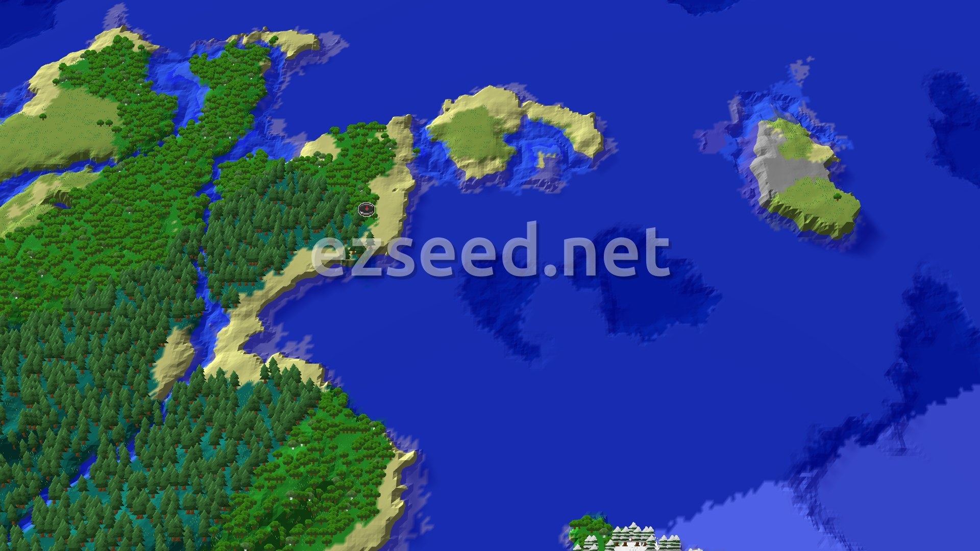Aerial Minecraft seed map — Spawn in a Forest with a nearby Buried Treasure