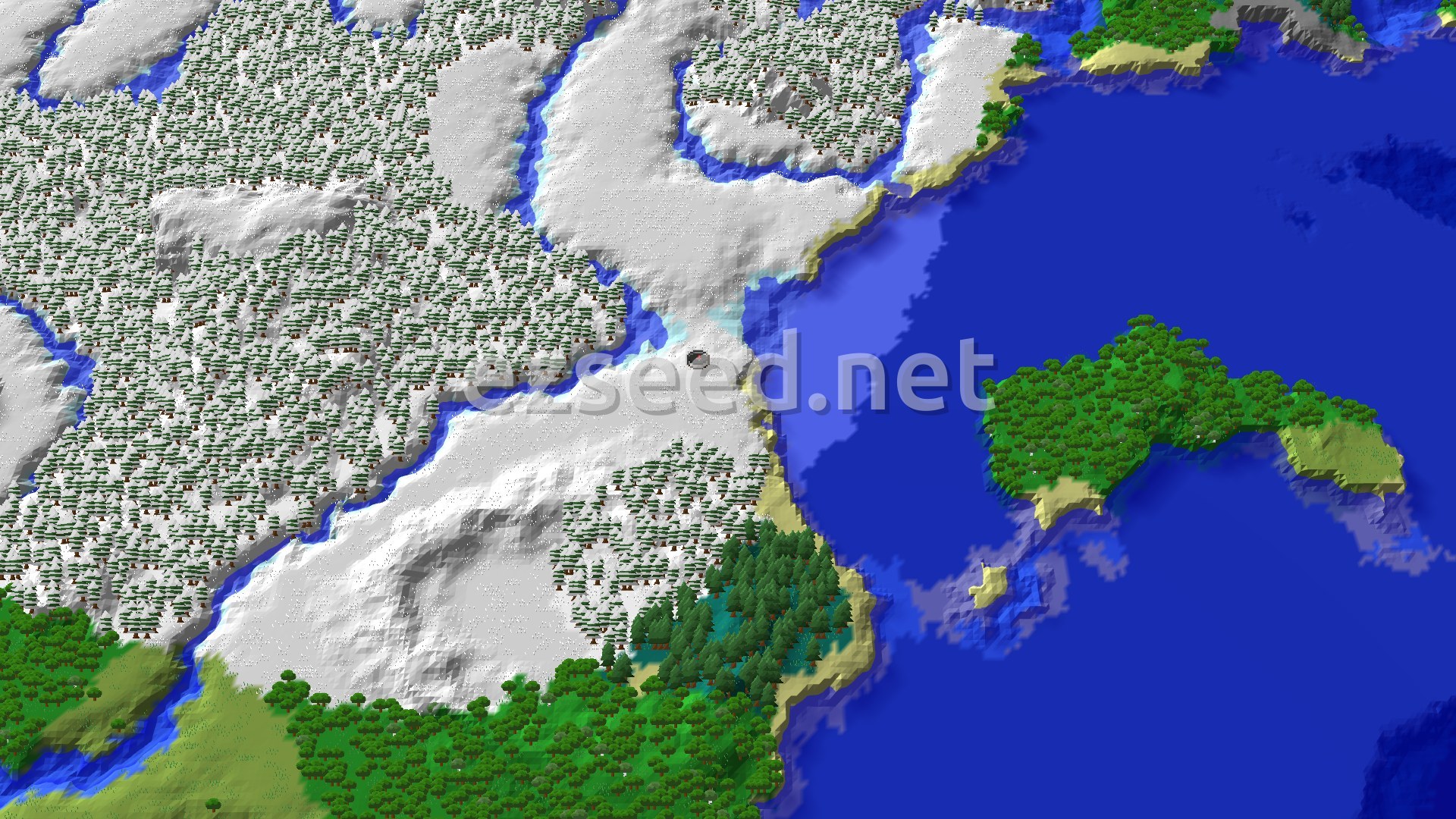 Aerial Minecraft seed map — Spawn in Snow, Find a Village About 250 Blocks Away