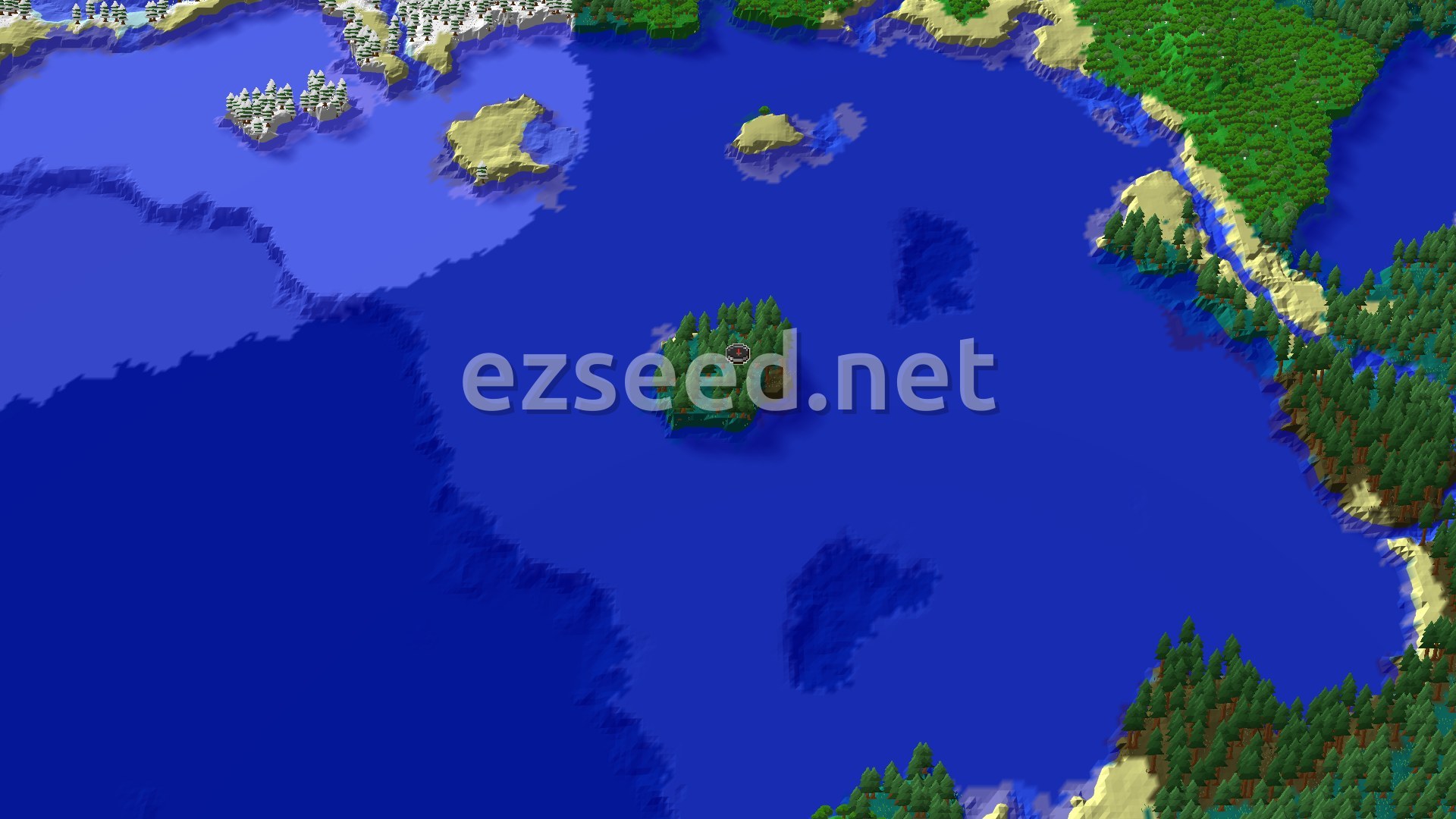 Aerial Minecraft seed map — Taiga Spawn with a Nearby Village and Trial Chambers