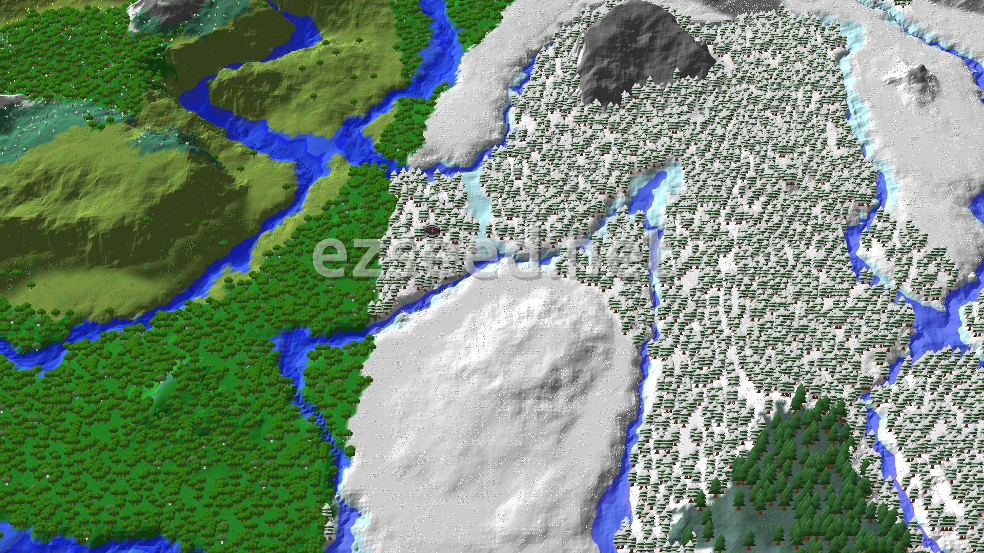 An overhead 3D view shows a snowy taiga biome with many spruce trees, next to a flowing frozen river, bordered by a large expanse of snow-covered plains and a darker, forested area.