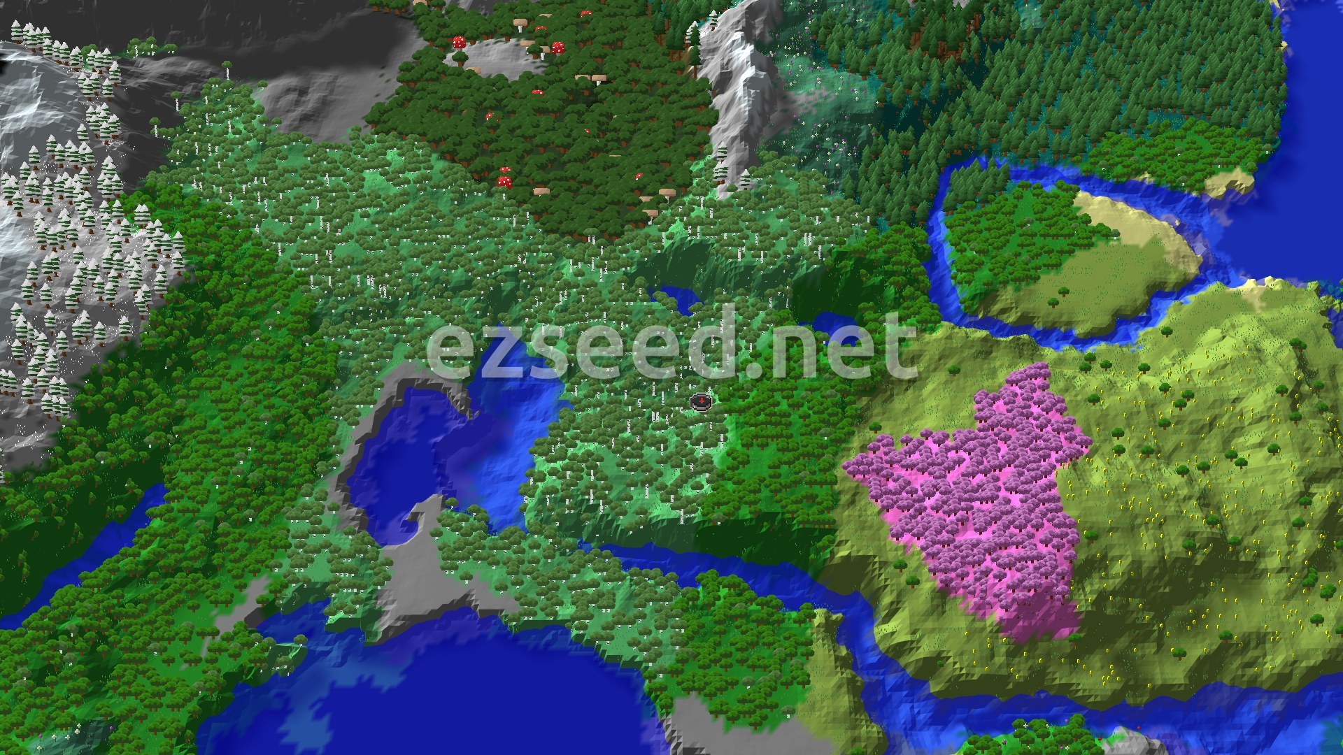 Aerial Minecraft seed map — Spawn in Old Growth Birch, Near Cherry Grove