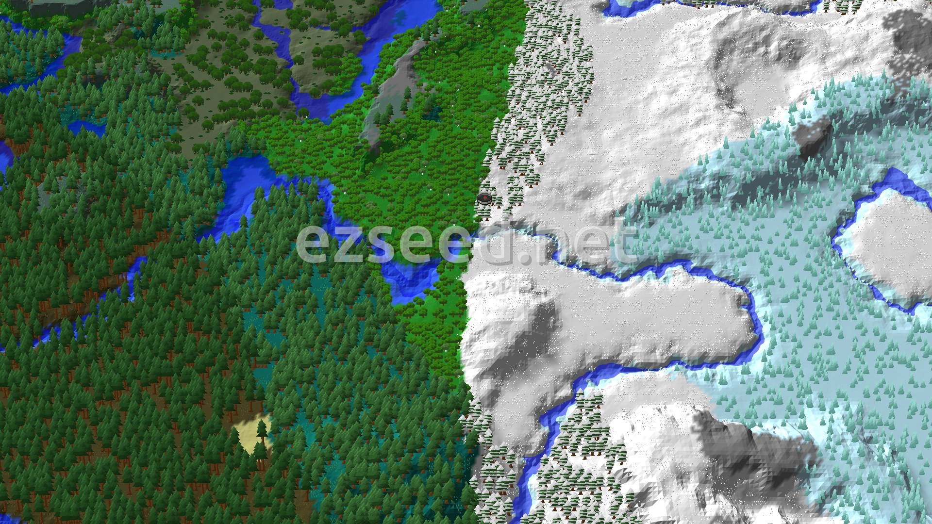 An aerial view showing a dense green taiga forest on the left, transitioning into snowy plains and ice spikes with frozen rivers on the right. A small spawn marker sits on the border.