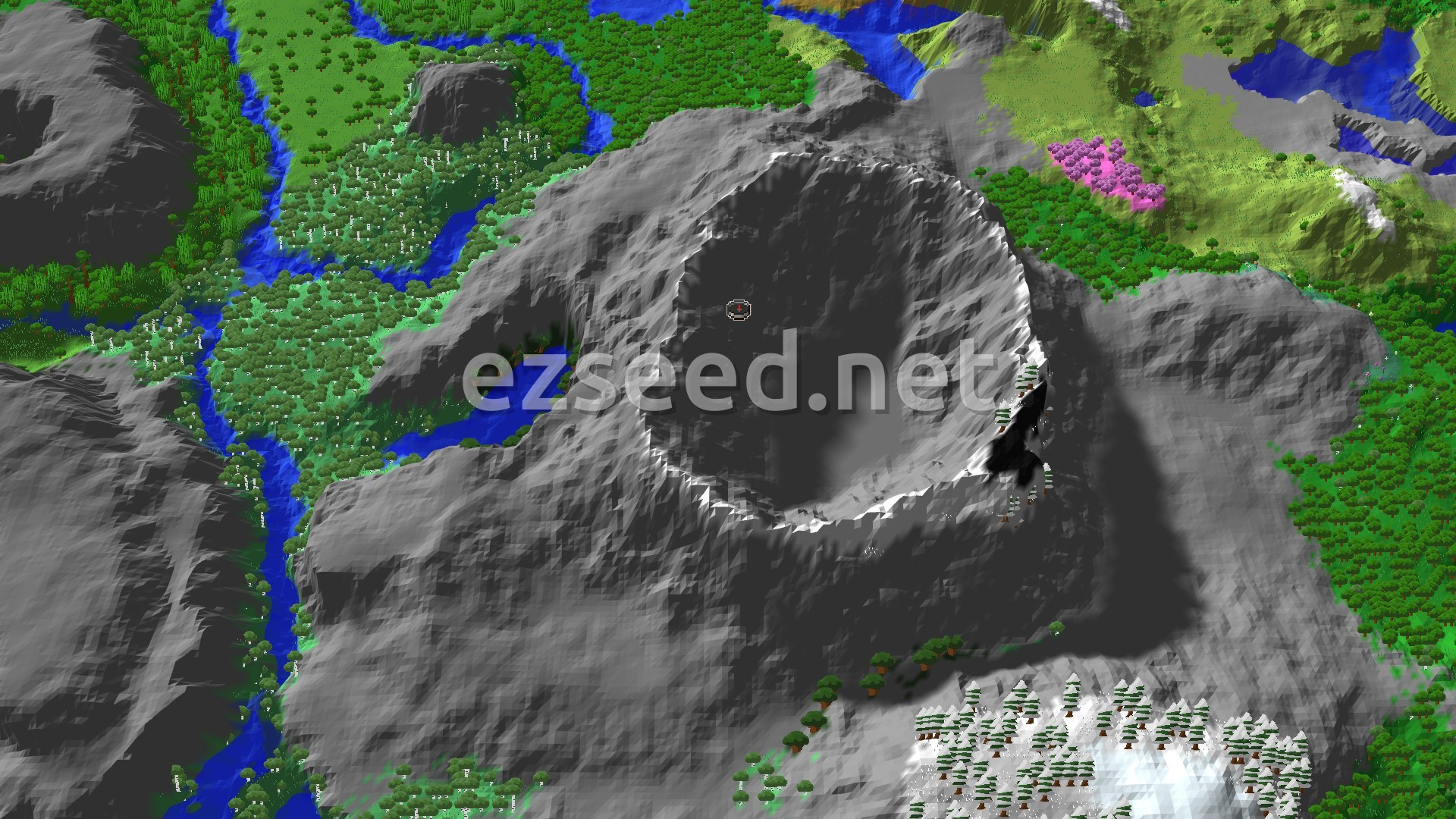 Aerial Minecraft seed map — Woodland Mansion near Spawn in Mountainous Terrain