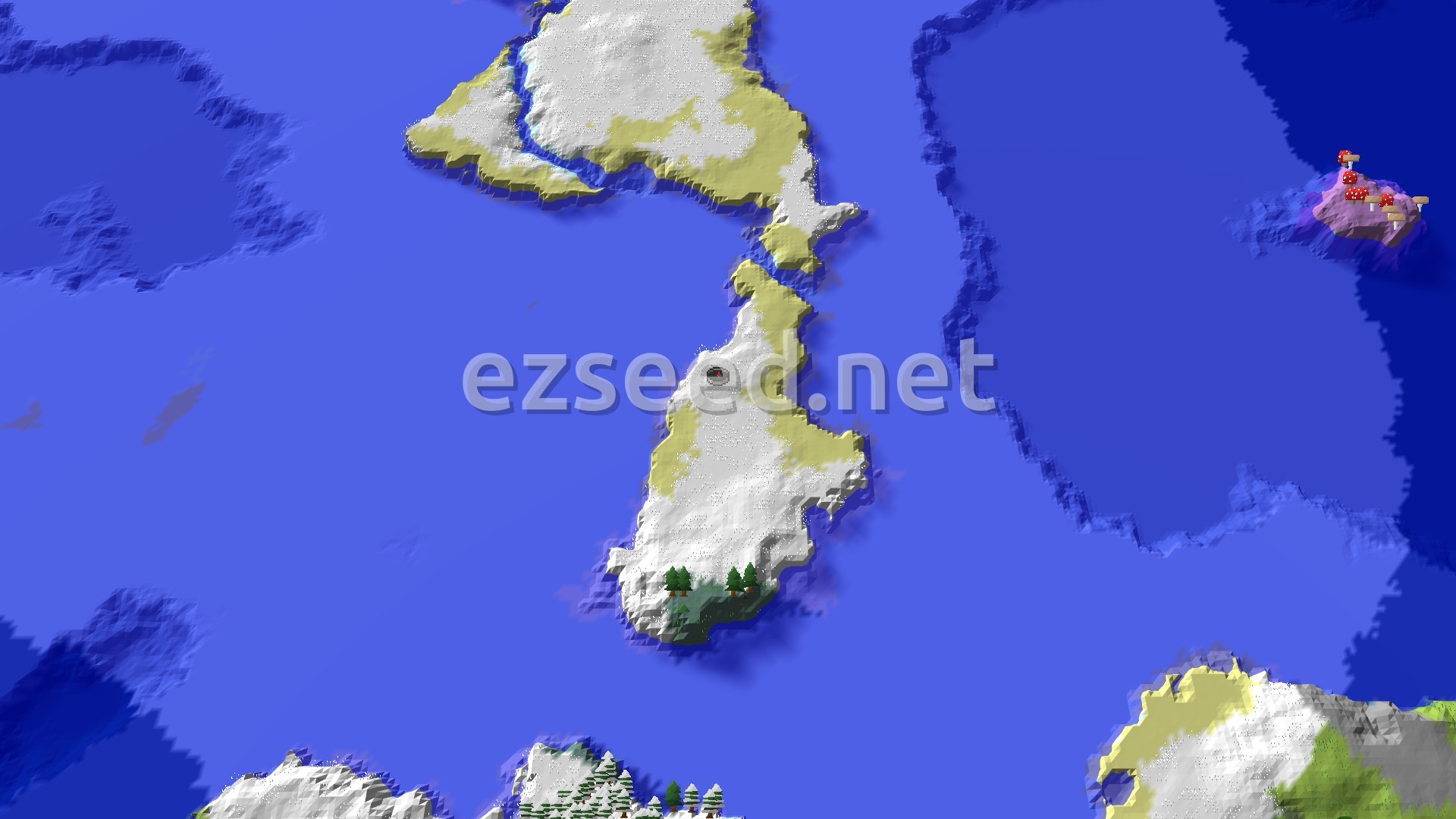 Aerial Minecraft seed map — Spawn in a Snowy Plains with Nearby Mushroom Fields