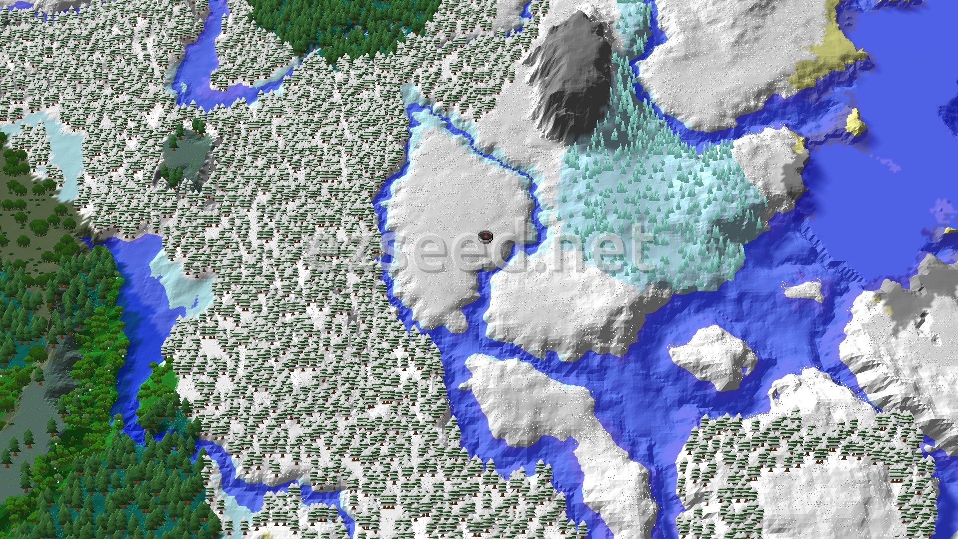 A 3D fly-over of a snowy landscape with a mix of snowy plains, taiga forests, and a prominent ice spikes biome. A dark river cuts through the snowy terrain, and a spawn marker is visible at the center.