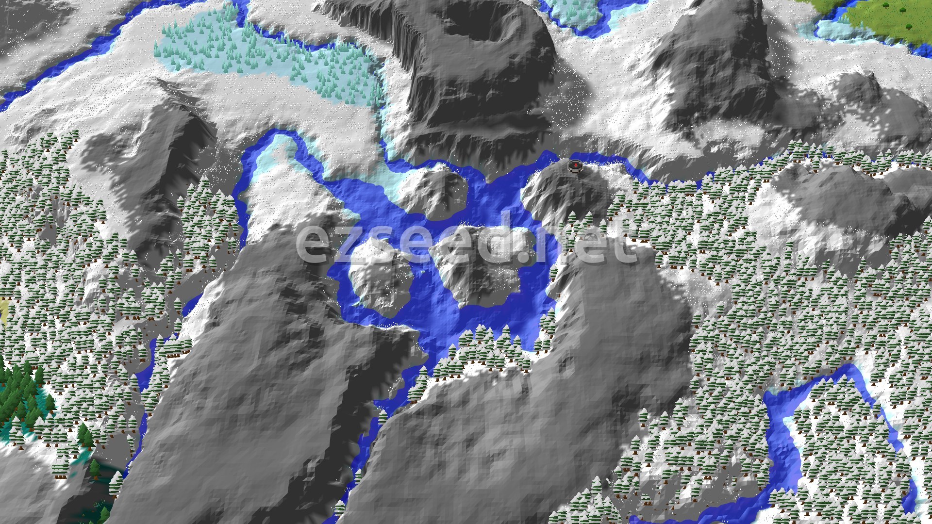 Aerial Minecraft seed map — Snowy Plains Spawn with Nearby Trail Ruins