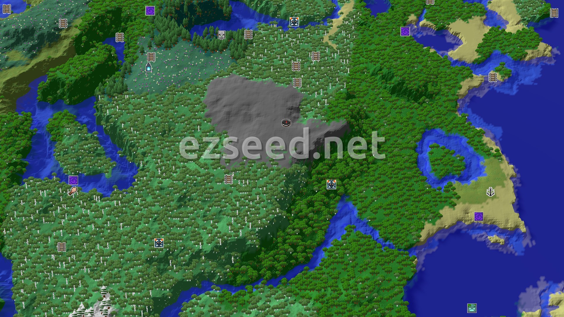Aerial Minecraft seed map — Forest Spawn with Nearby Peaks and an Ancient City